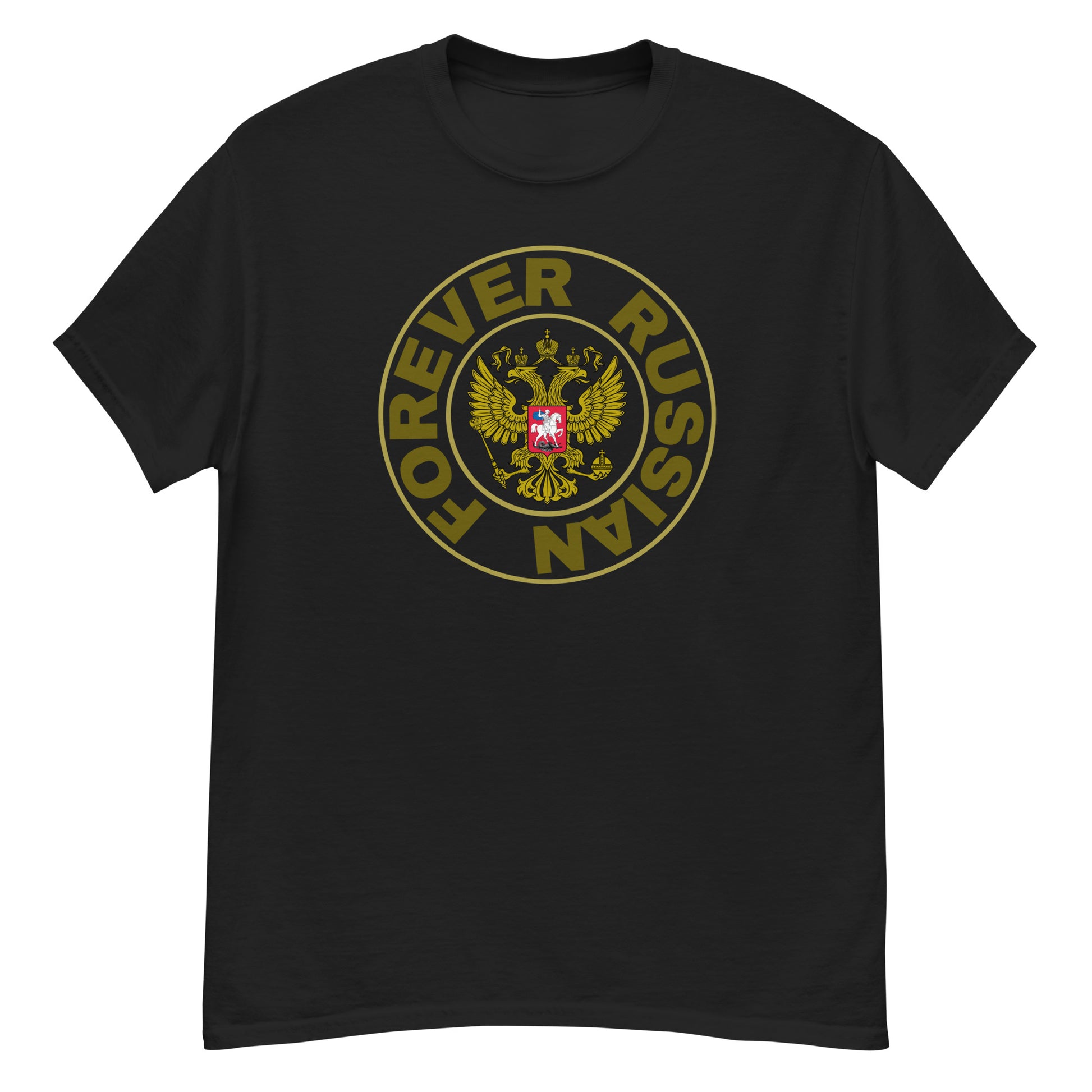 black tshirt with Russian coat of arms in the center and forever russian around the crest