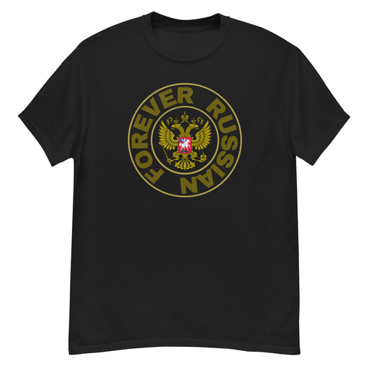 black tshirt with Russian coat of arms in the center and forever russian around the crest