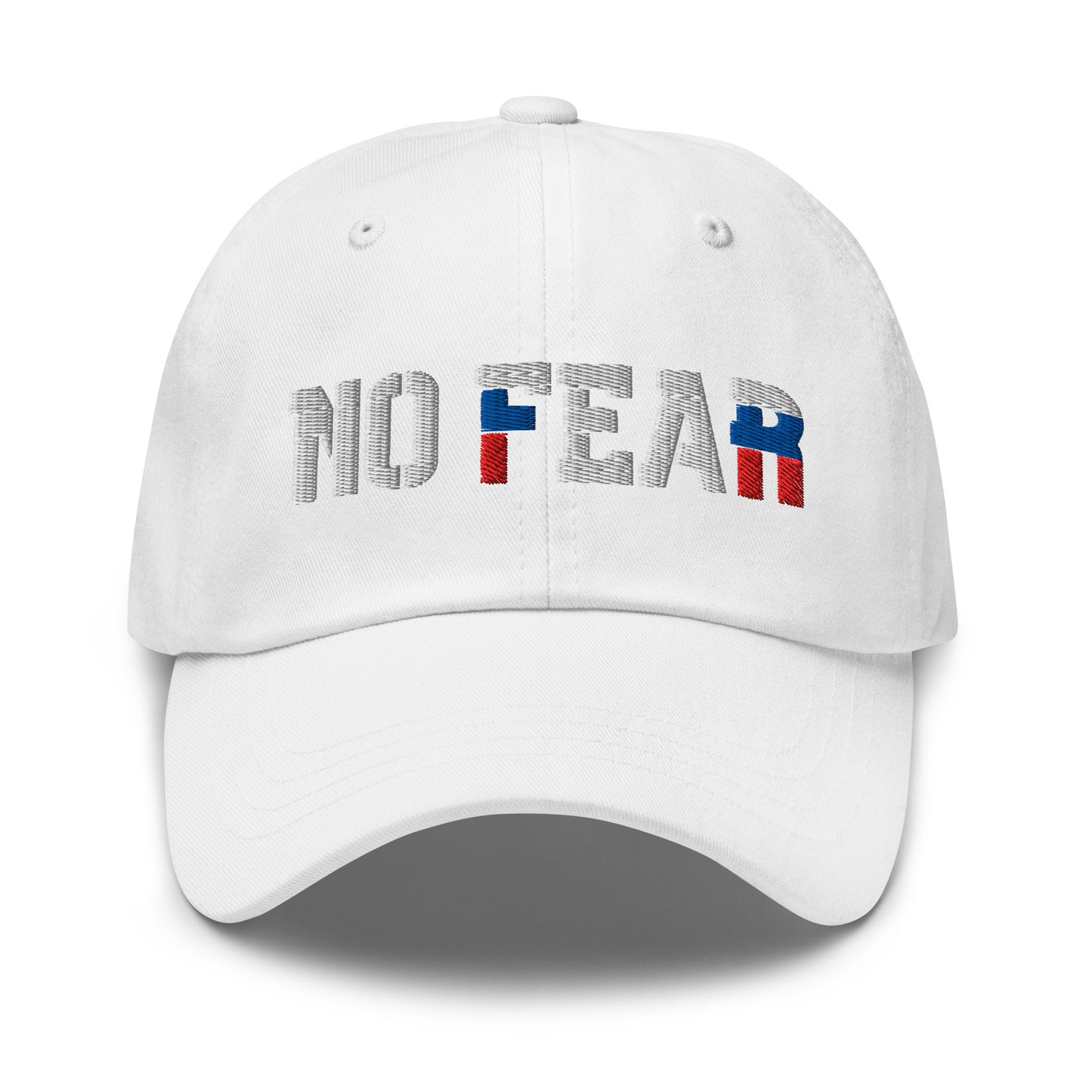 White NO FEAR Russian streetwear cap with embroidered white, blue, and red lettering.