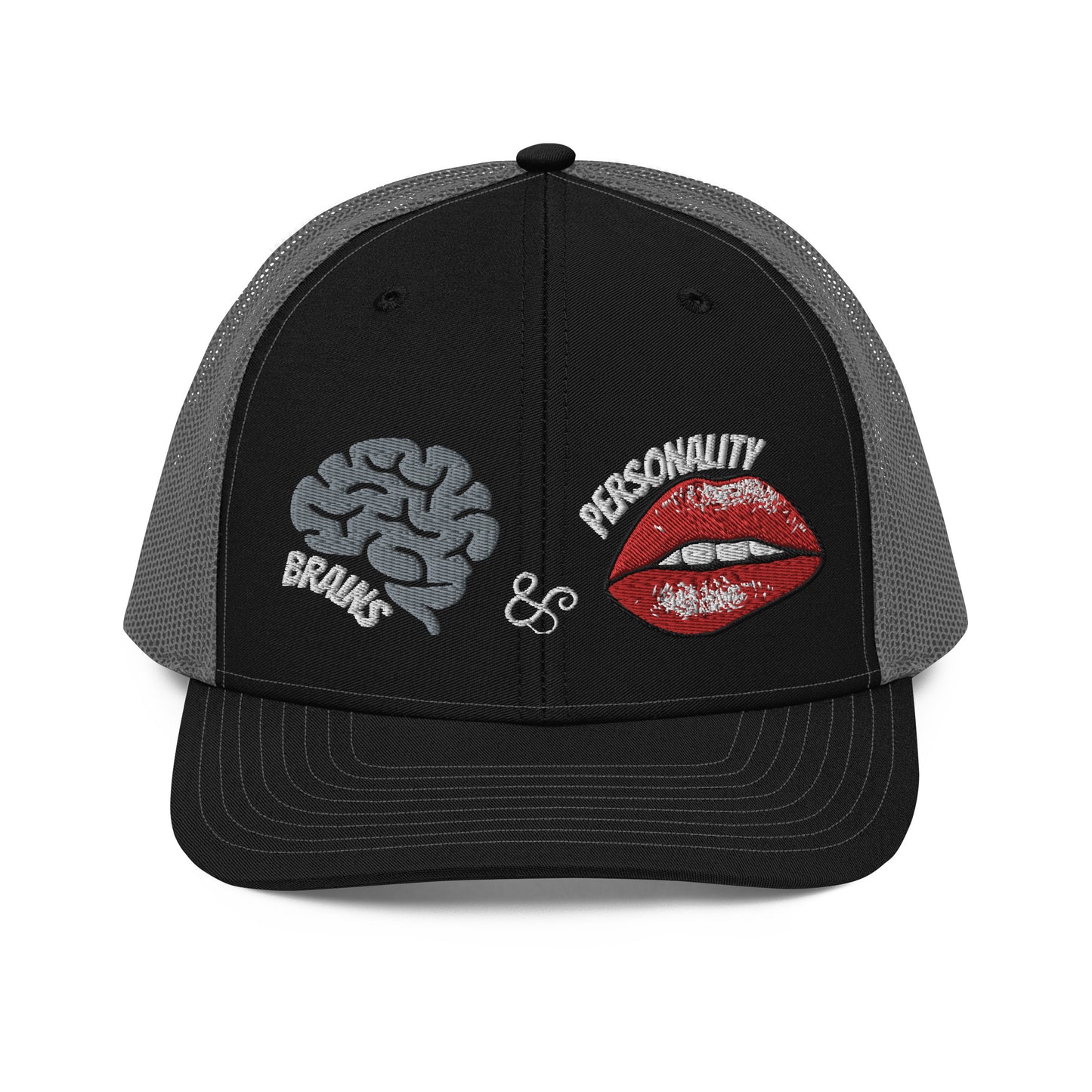 embroidered cap with brains and personality