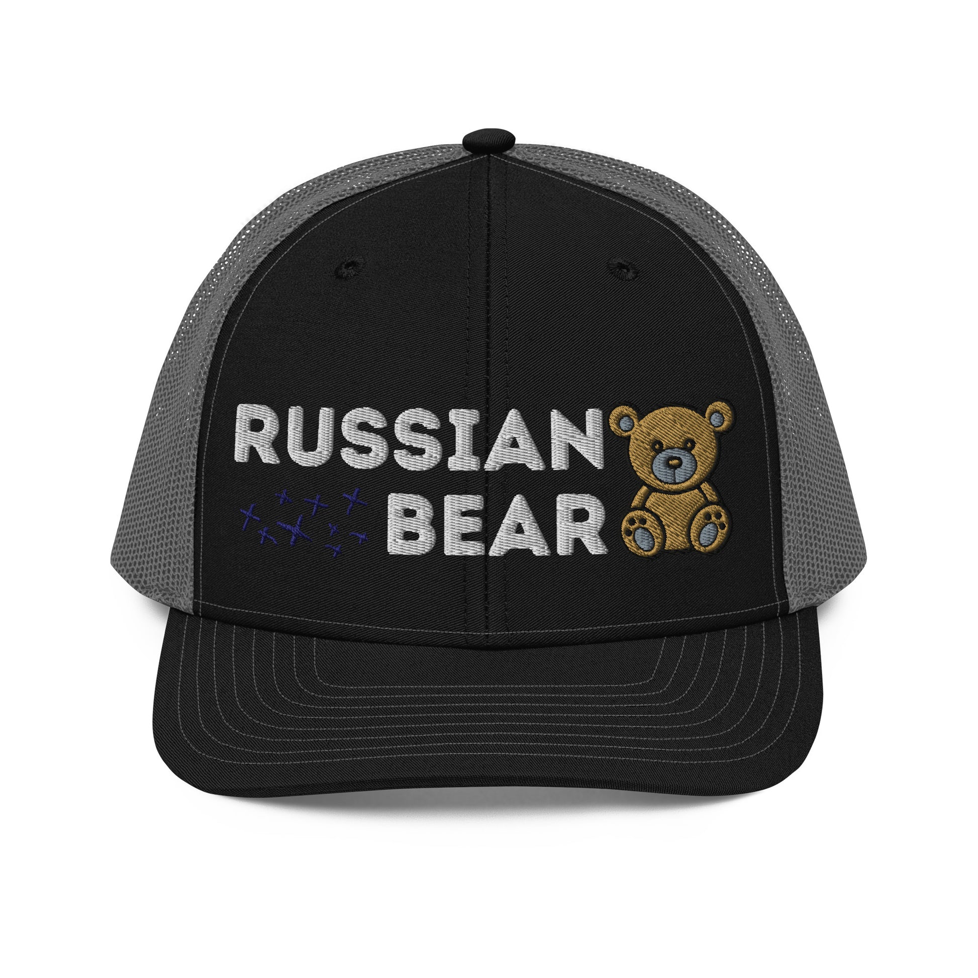 Embroidered trucker hat with 'RUSSIAN BEAR' text and cute bear design, featuring a structured front, grey mesh back, and adjustable snapback closure.