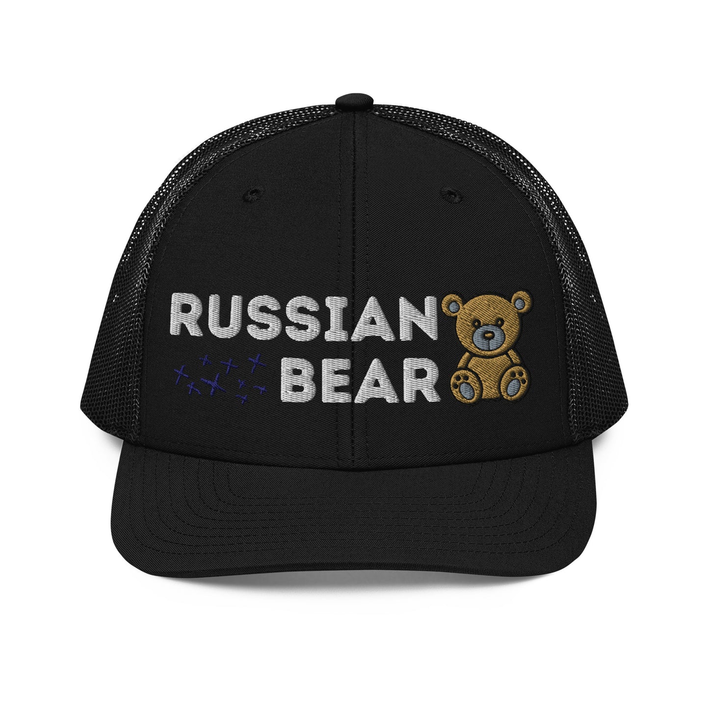 Embroidered trucker hat with 'RUSSIAN BEAR' text and cute bear design, featuring a structured front, black mesh back, and adjustable snapback closure.