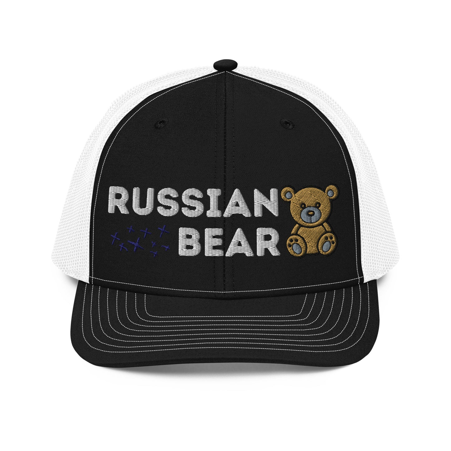 Embroidered trucker hat with 'RUSSIAN BEAR' text and cute bear design, featuring a structured front, white mesh back, and adjustable snapback closure.