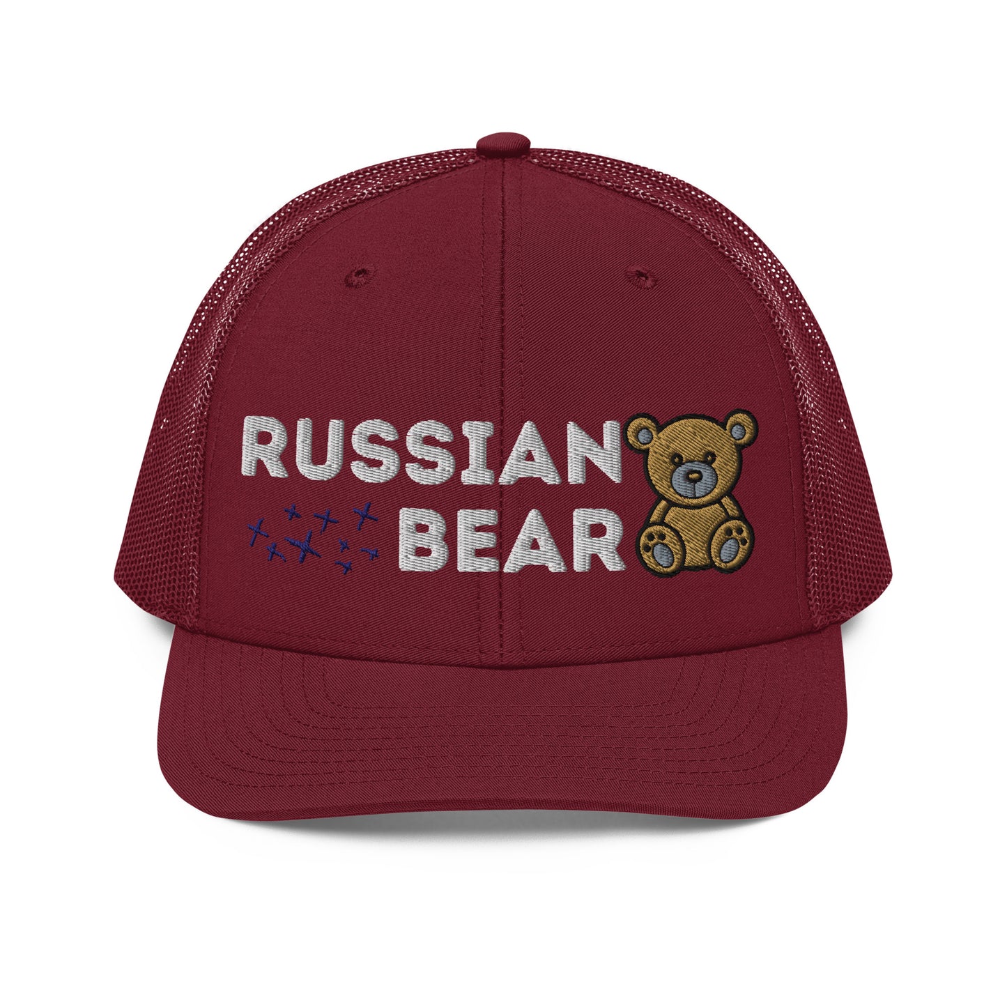 Embroidered trucker hat with 'RUSSIAN BEAR' text and cute bear design, featuring a structured front, red cardinal mesh back, and adjustable snapback closure.