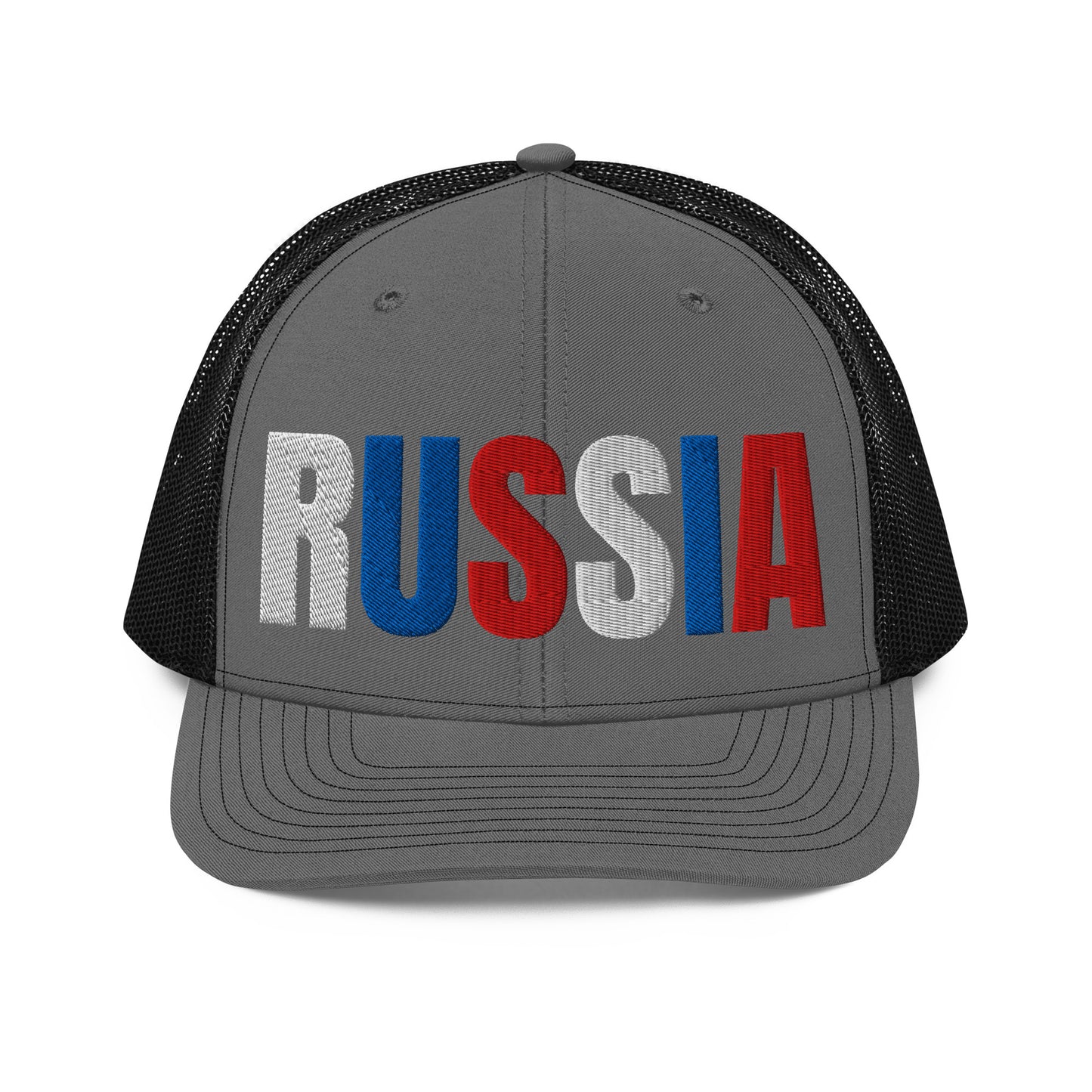 Black and grey embroidered 'RUSSIA' trucker hat with Russian flag colors. Classic design featuring a cotton blend front, mesh back, and adjustable snapback for a comfortable, stylish fit.