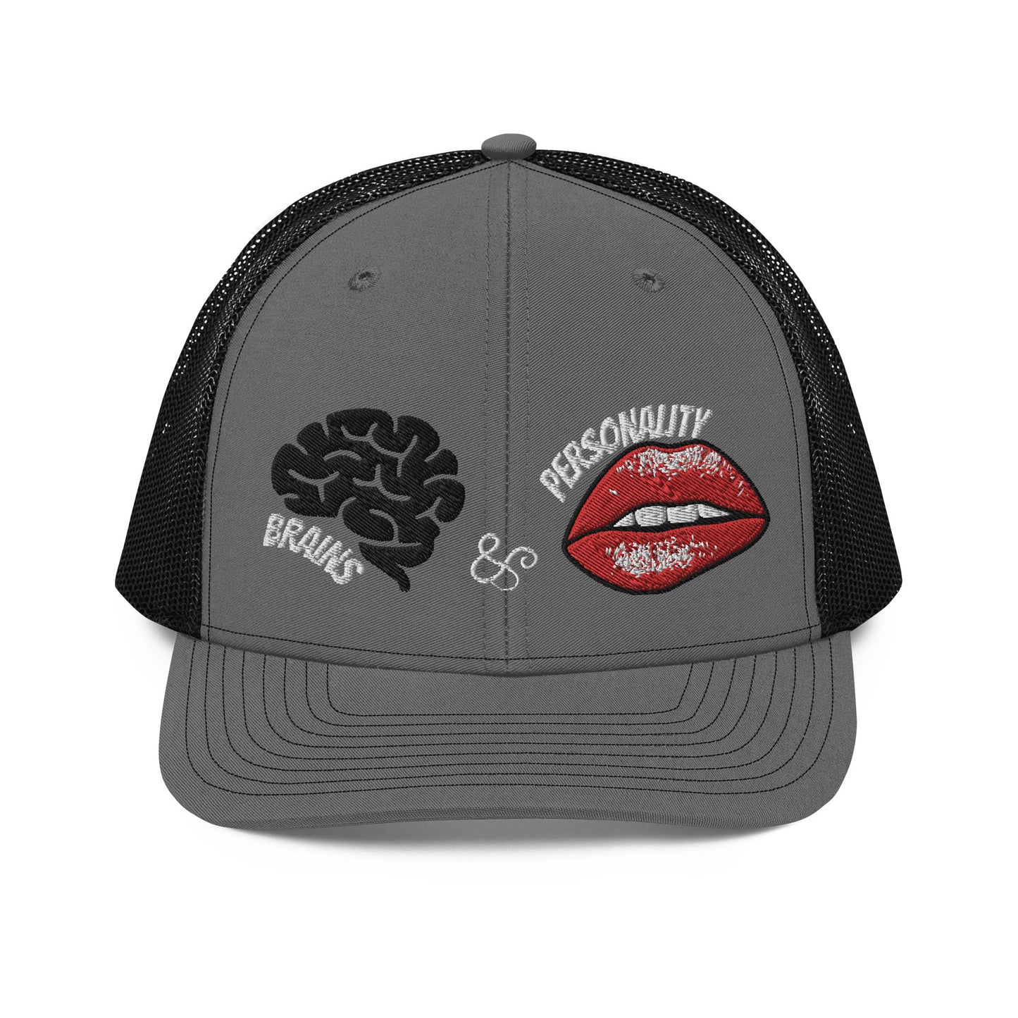 embroidered cap with brains and personality