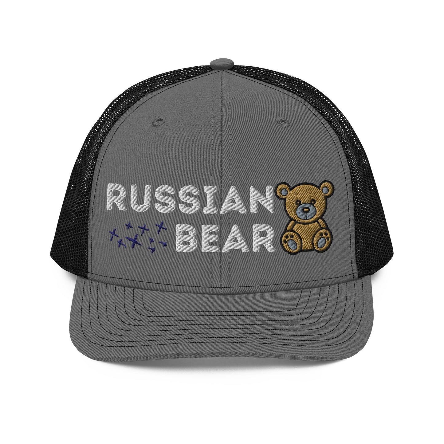 Embroidered grey trucker hat with 'RUSSIAN BEAR' text and cute bear design, featuring a structured front, black mesh back, and adjustable snapback closure.