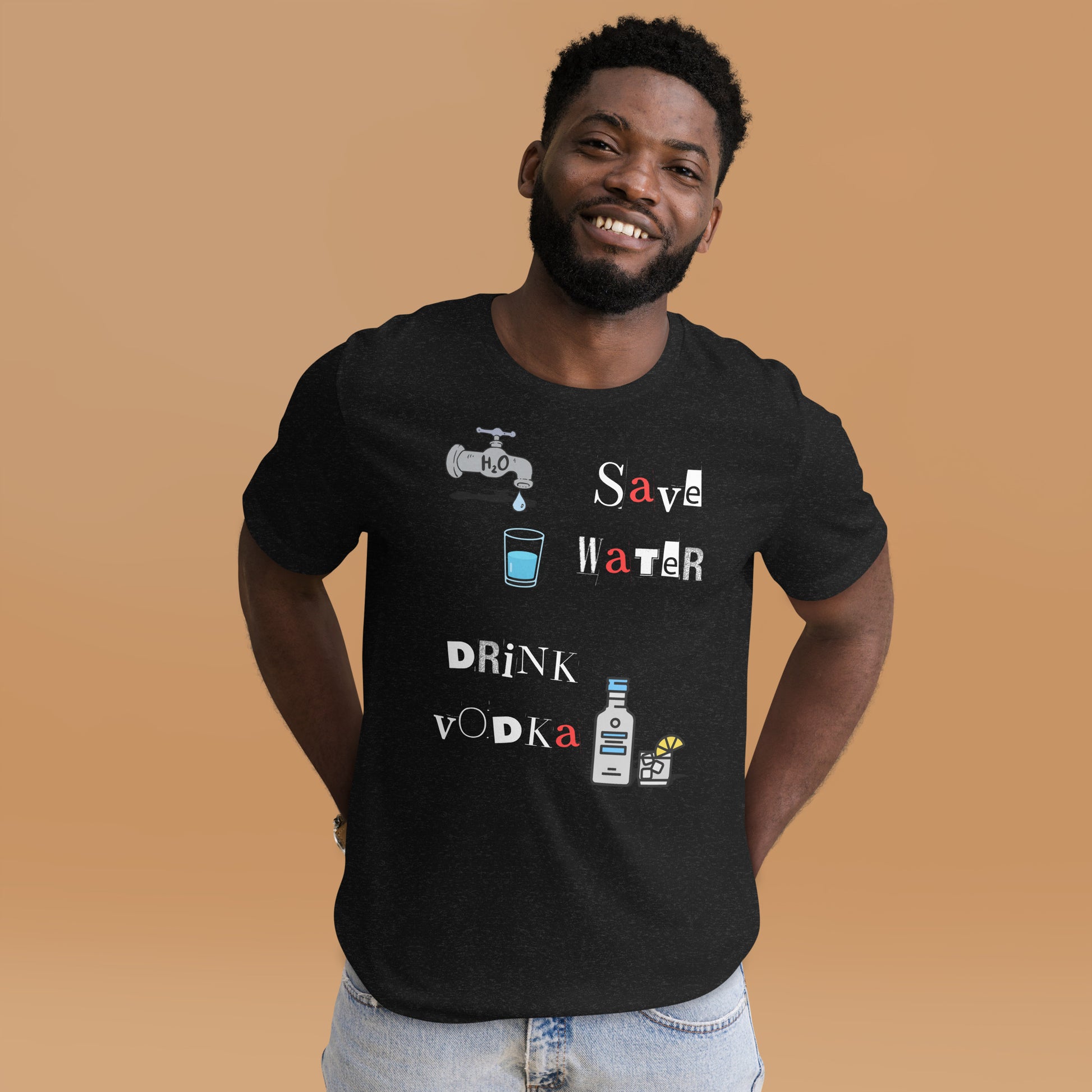 Man wearing a black unisex cotton t-shirt featuring eco-humor slogan “Save Water, Drink Vodka,” soft and breathable fabric