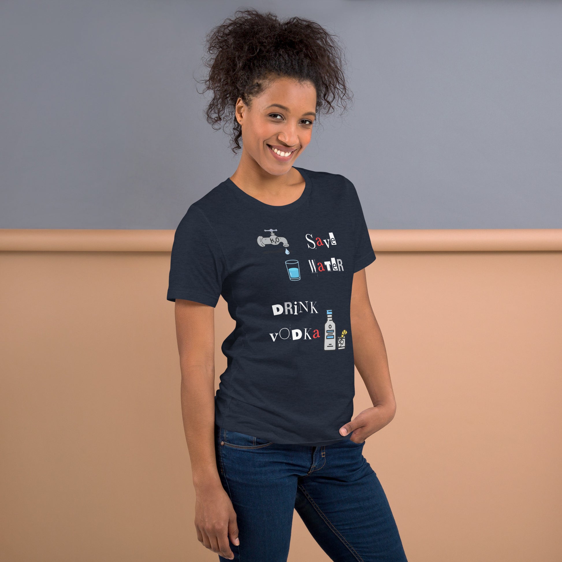 Woman wearing a blue unisex cotton t-shirt featuring eco-humor slogan “Save Water, Drink Vodka,” soft and breathable fabric