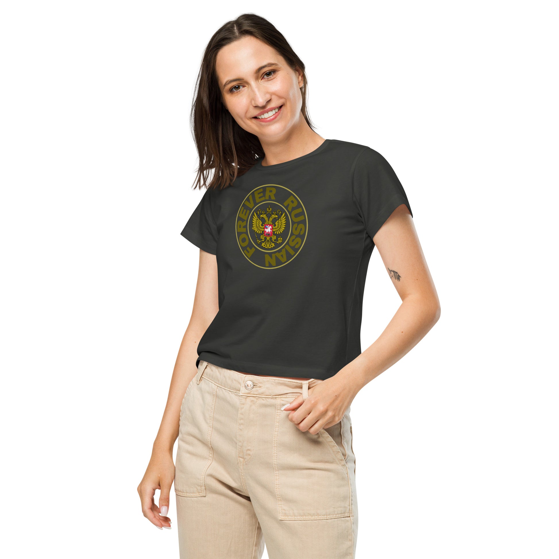 woman in high waist vintage black tshirt with forever russian inscribed around the russian crest coat of arms