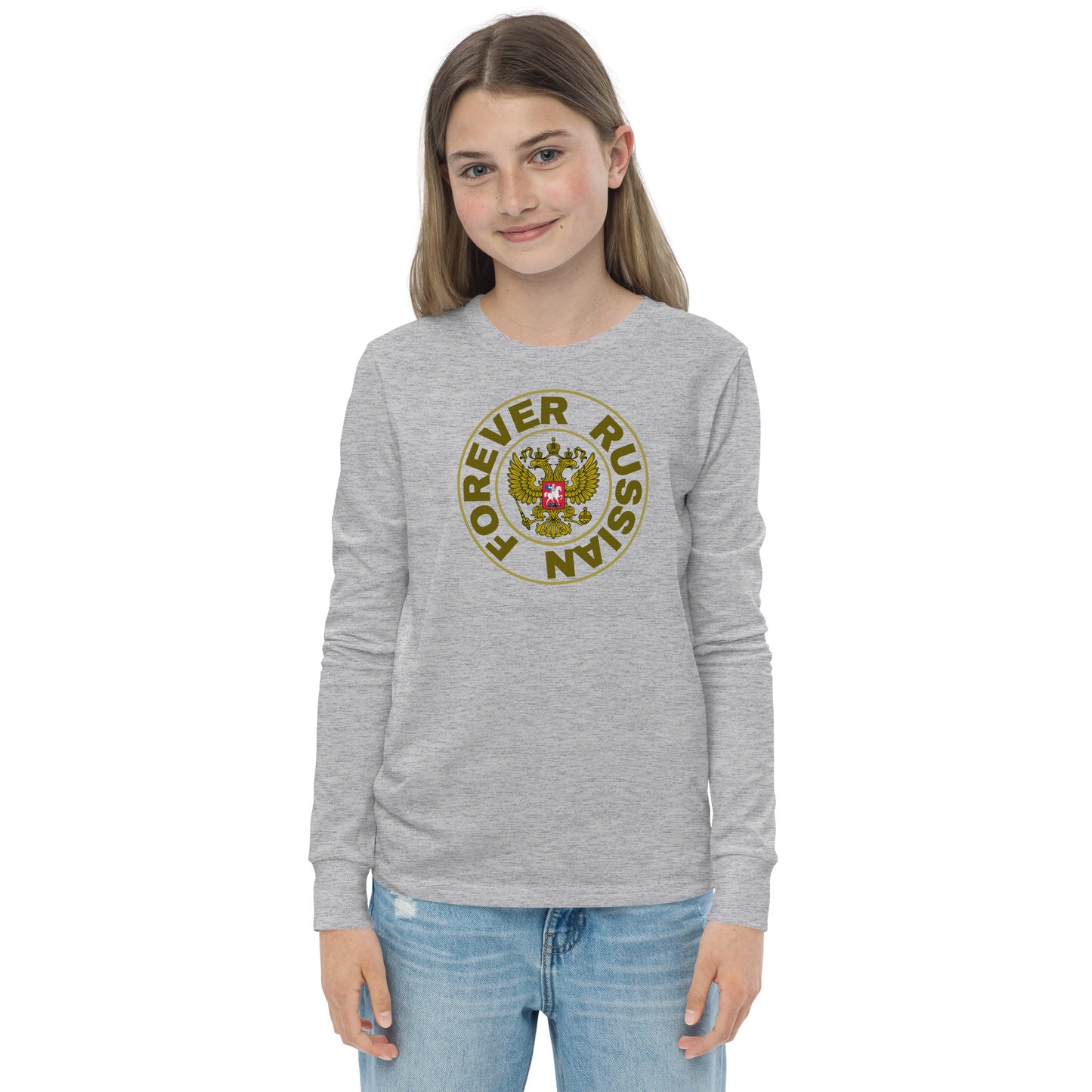 young girl teenager in a long sleeve heather grey tshirt with forever russian and russian coat of arms in the center