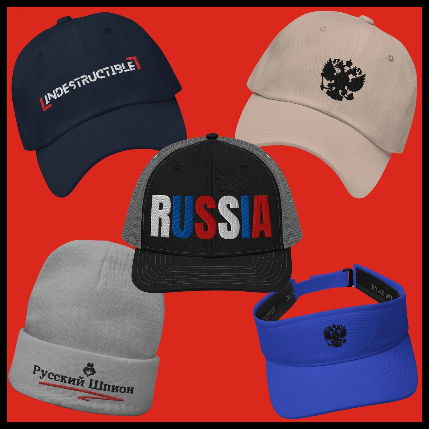 Russian-Inspired Hats, Caps, Visors with bold and embroidered designs.