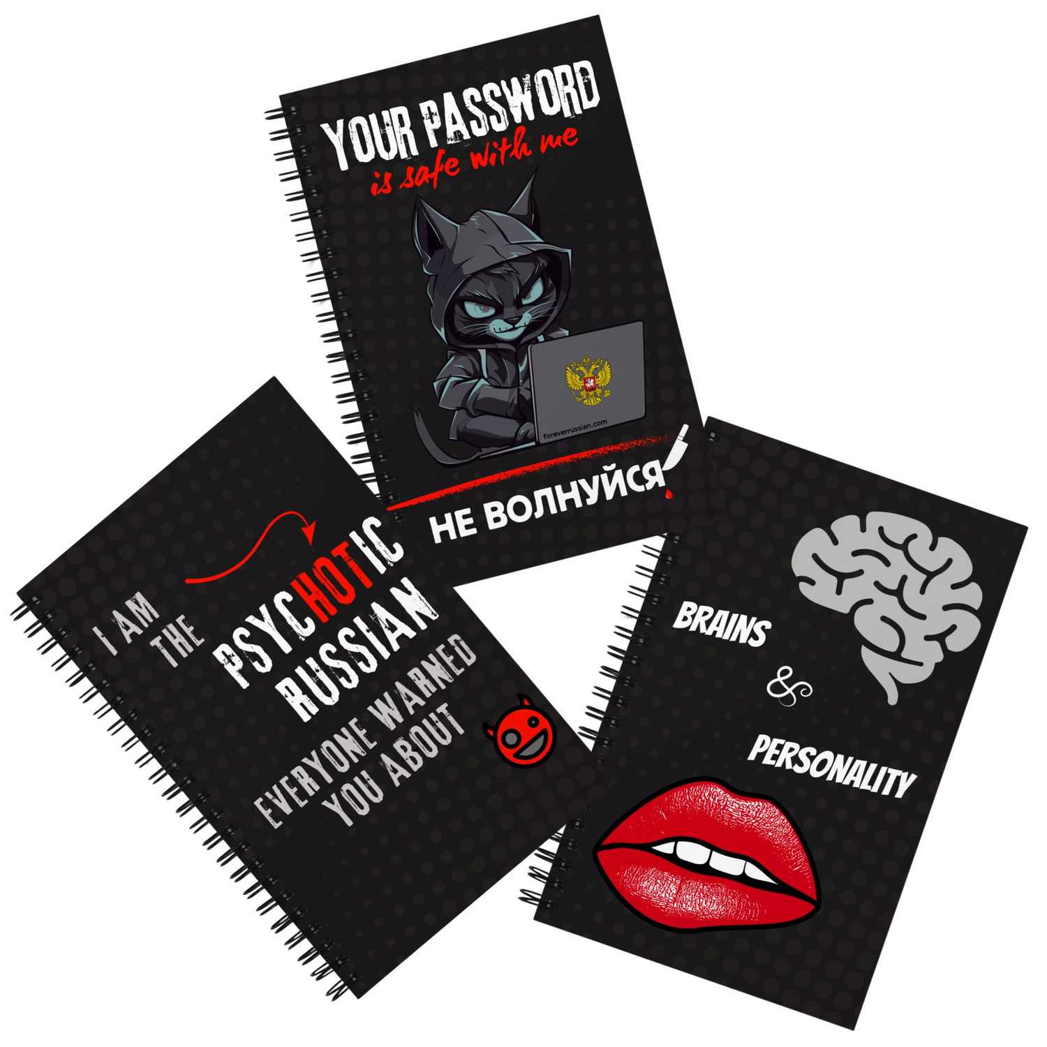 Spiral-bound notebooks collection featuring funny Russian-themed designs. Perfect for jotting down notes, plans, or rebellious thoughts with a touch of humor.