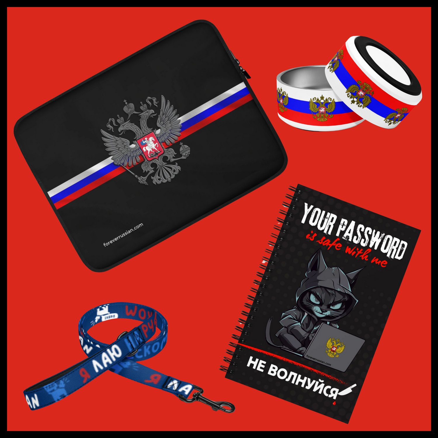 Accessories collection featuring laptop sleeves, mouse pads, spiral notebooks, pet bowls, dog leashes, and collars with bold Russian-inspired designs.