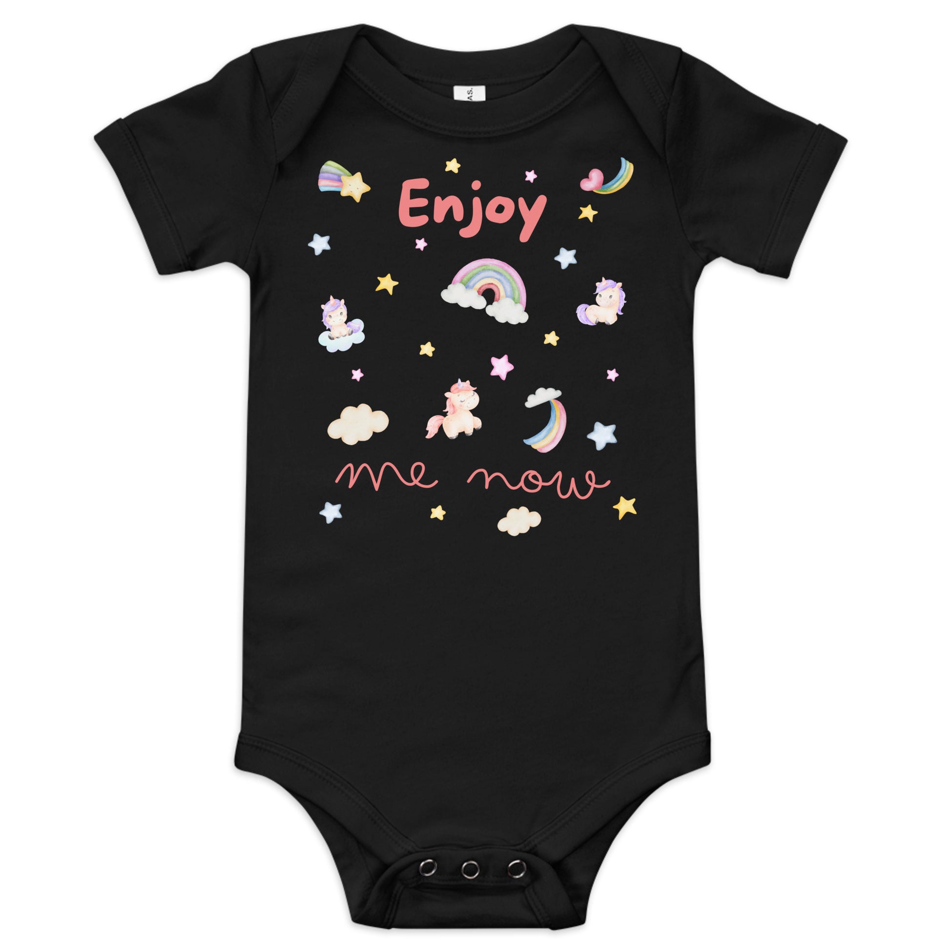 one piece cotton onesie for a baby with "Enjoy Me Now" caption and stars, rainbows, and unicorns