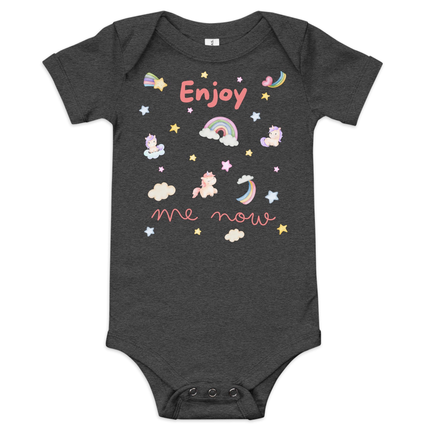 one piece cotton onesie for a baby with "Enjoy Me Now" caption and stars, rainbows, and unicorns