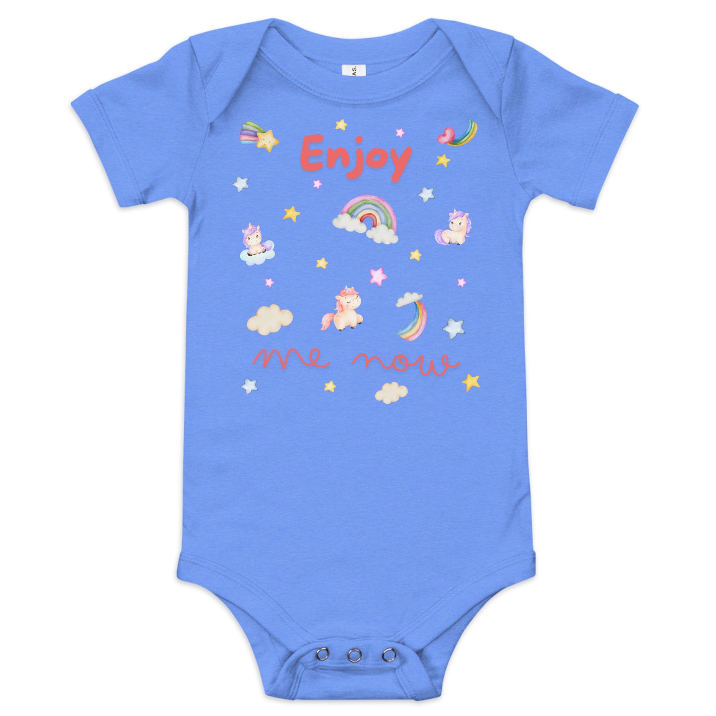 one piece cotton onesie for a baby with "Enjoy Me Now" caption and stars, rainbows, and unicorns