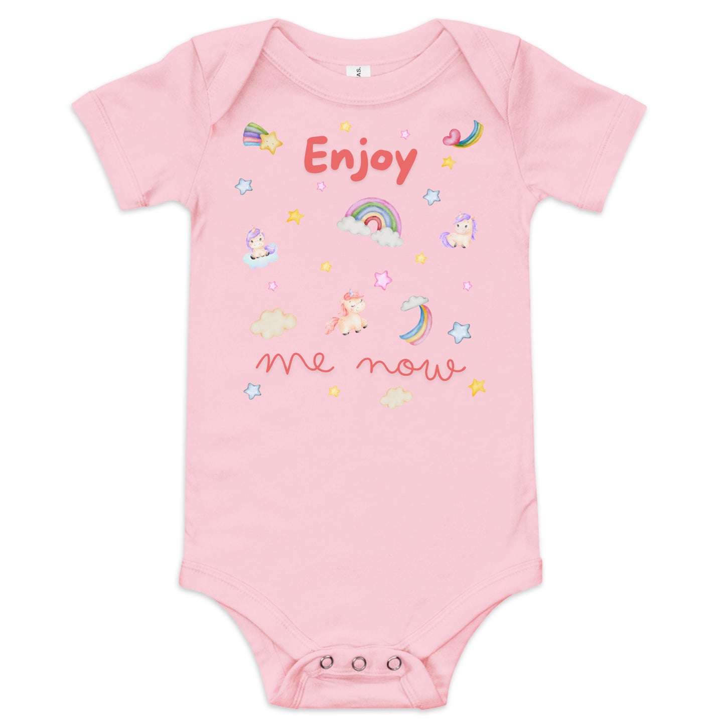 one piece cotton onesie for a baby with "Enjoy Me Now" caption and stars, rainbows, and unicorns