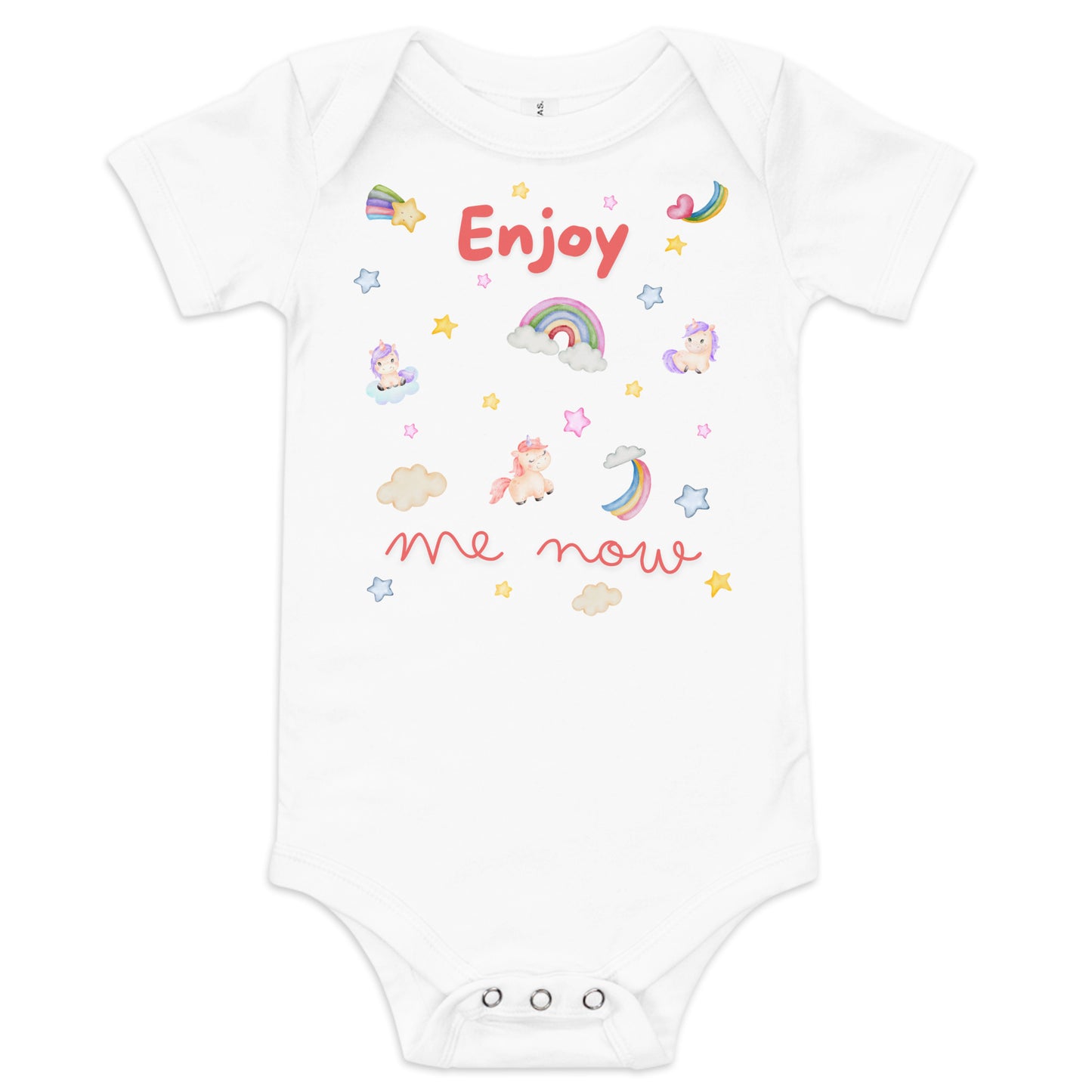 one piece cotton onesie for a baby with "Enjoy Me Now" caption and stars, rainbows, and unicorns