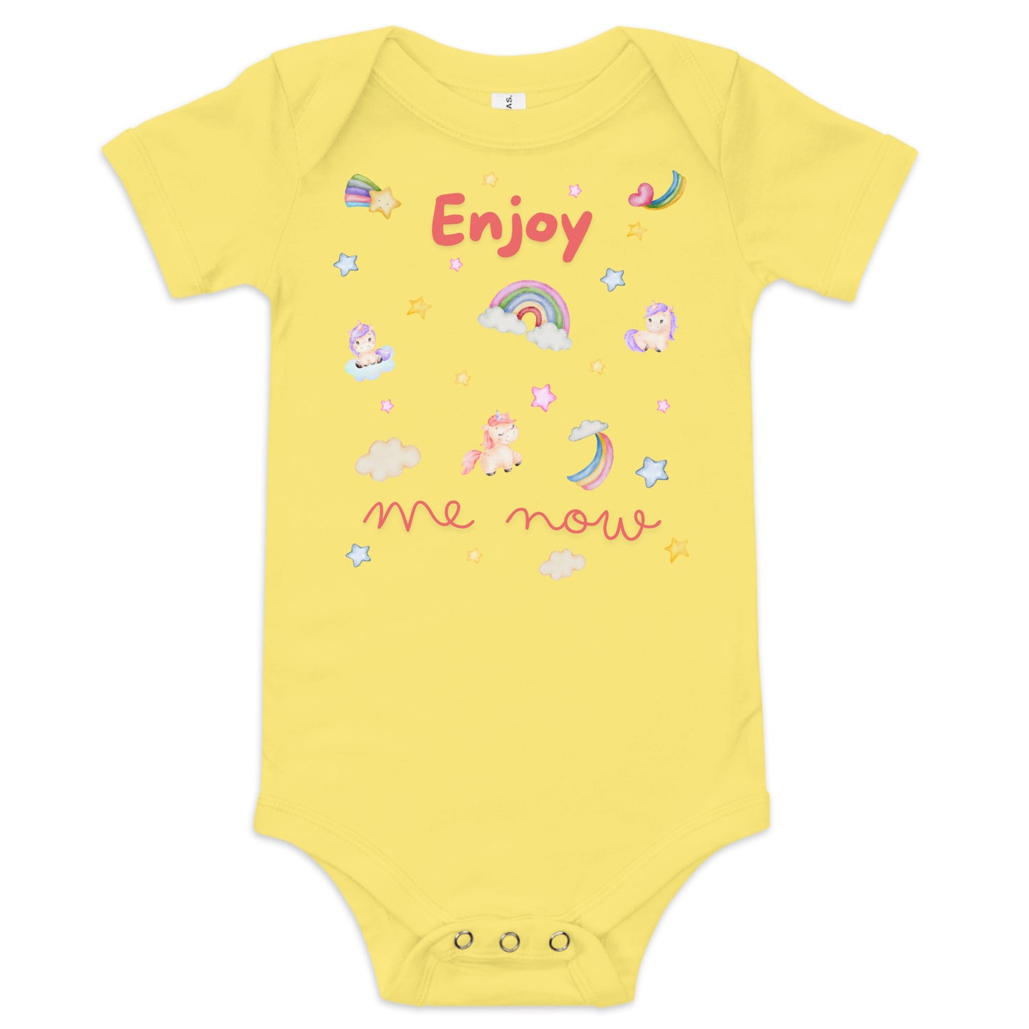 one piece cotton onesie for a baby with "Enjoy Me Now" caption and stars, rainbows, and unicorns