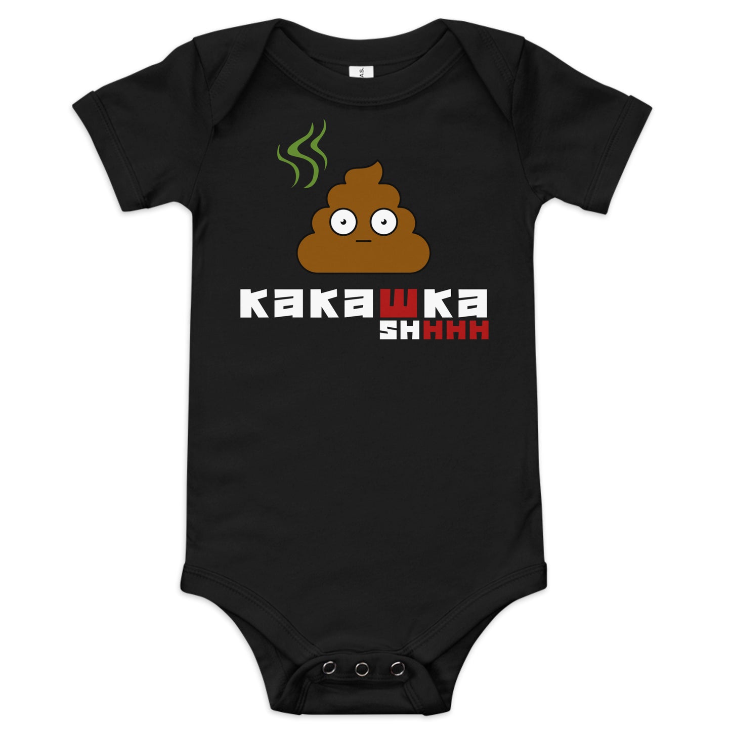 black one piece onesie with picture of poop and kakashka written on it