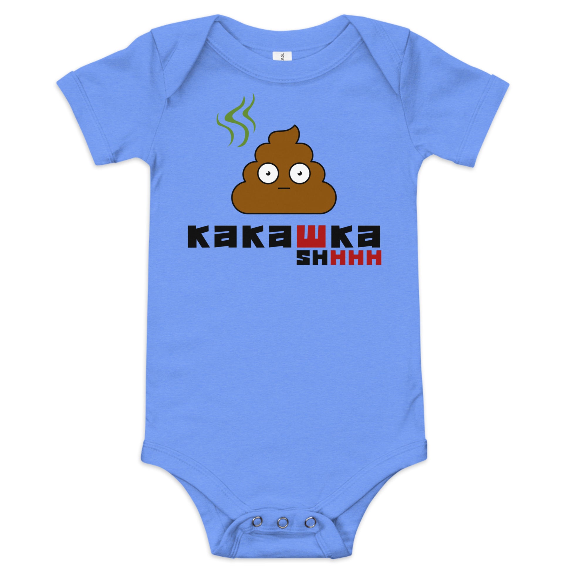 blue one piece onesie with picture of poop and kakashka written on it