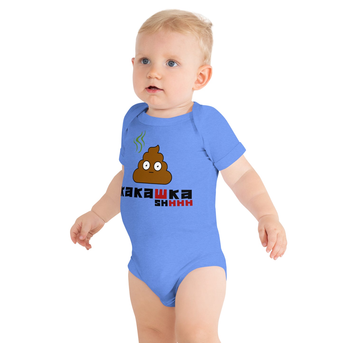 baby in blue one piece onesie with picture of poop and kakashka written on it