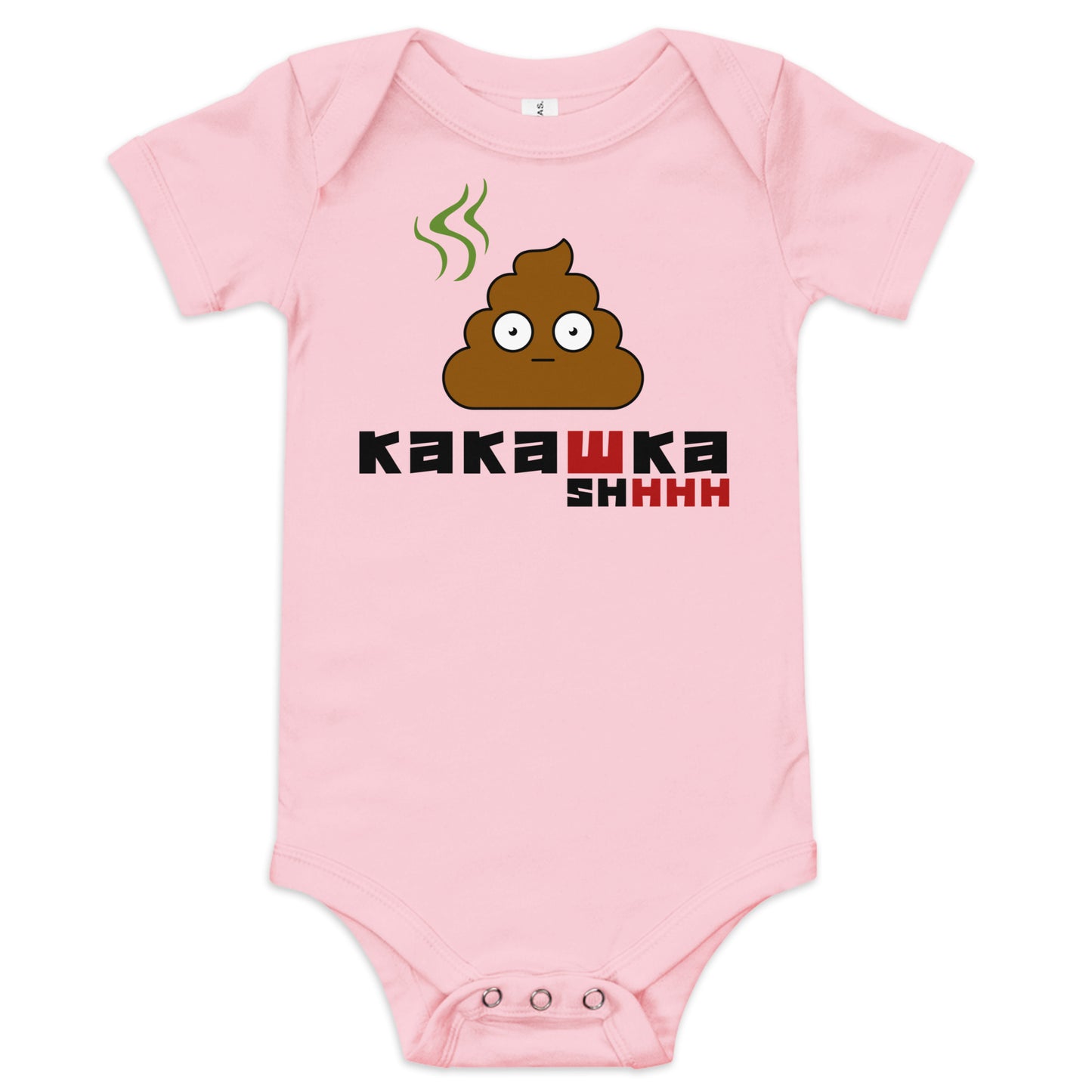 pink one piece onesie with picture of poop and kakashka written on it