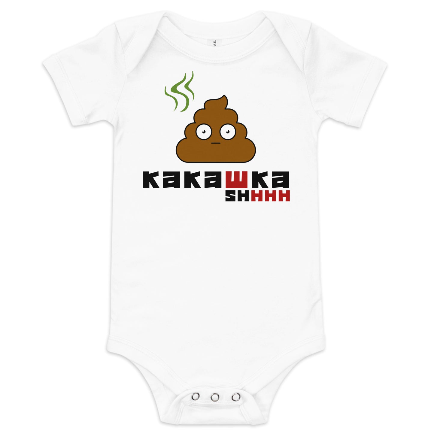 white one piece onesie with picture of poop and kakashka written on it