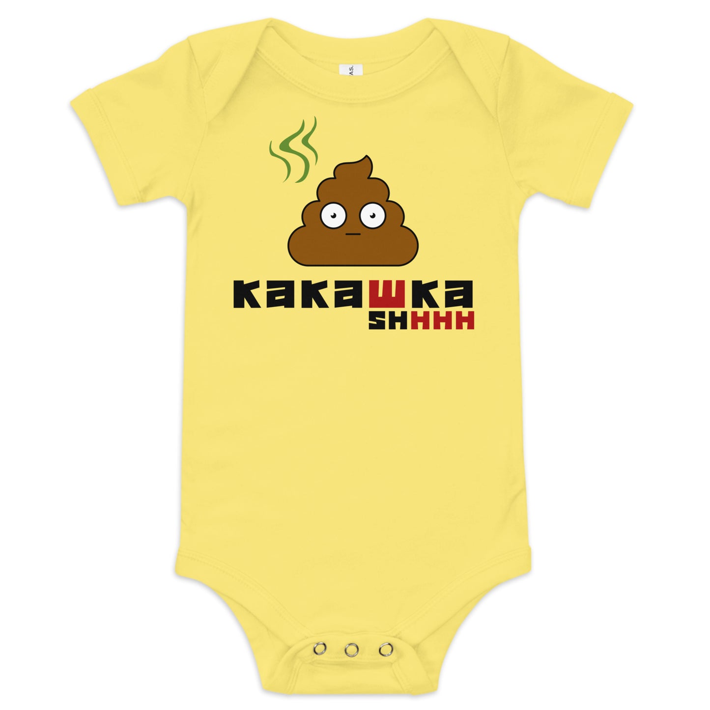 yellow one piece onesie with picture of poop and kakashka written on it