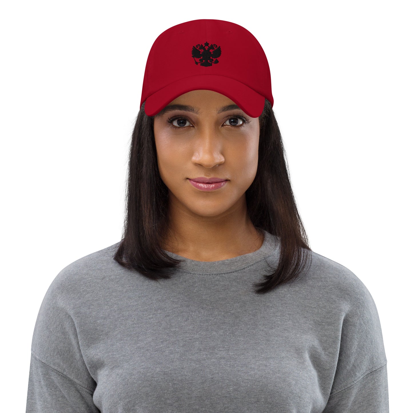 red cranberry baseball cap with black russian coat of arms embroidered in center