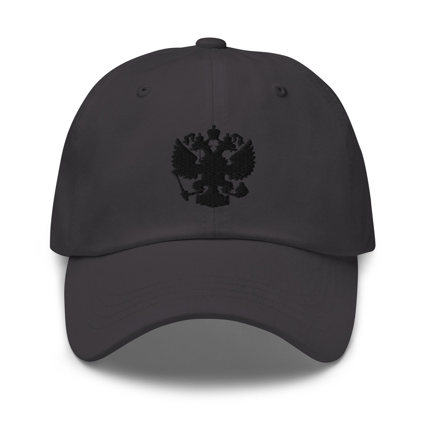 dark grey baseball cap with black russian coat of arms embroidered in center