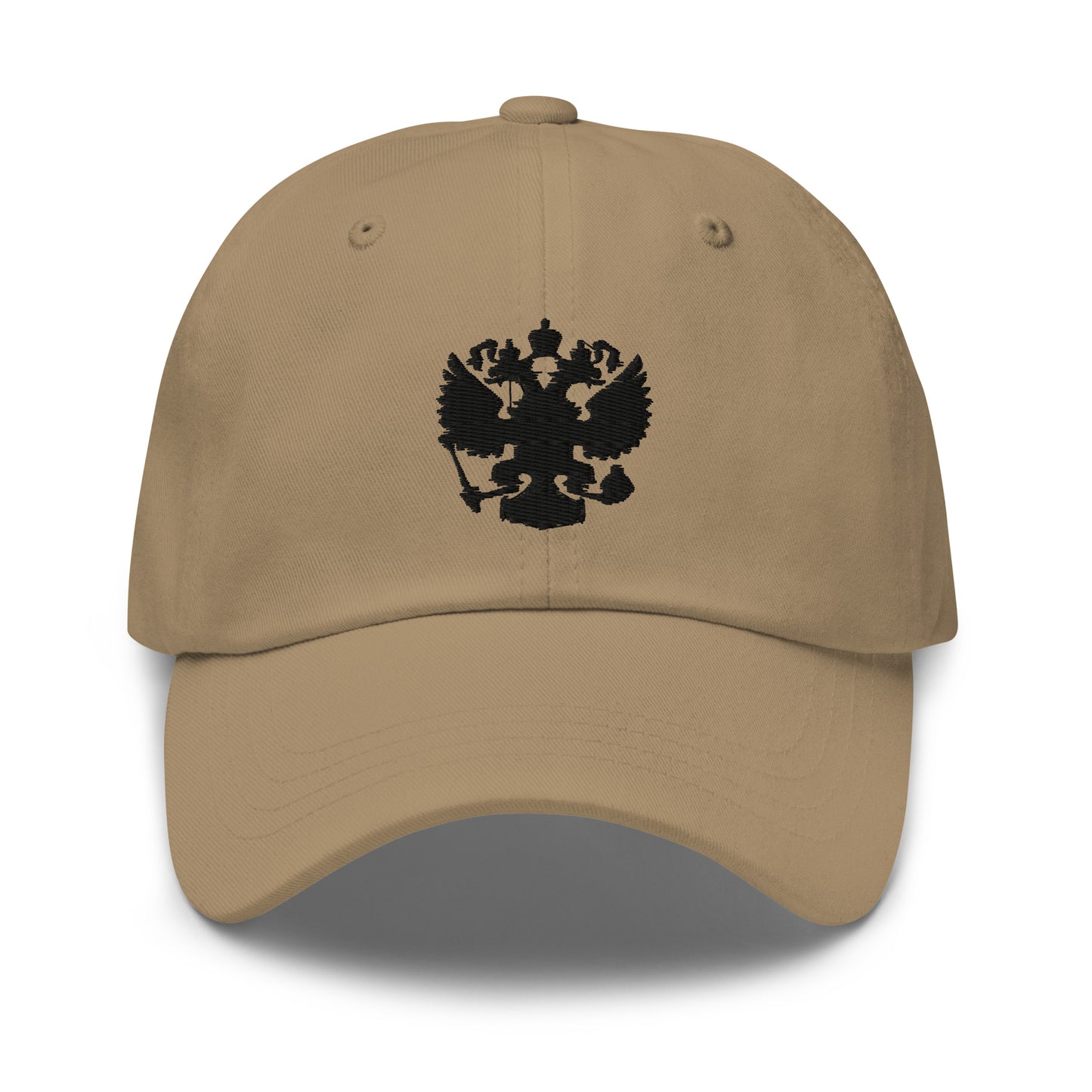 khaki baseball cap with black russian coat of arms embroidered in center