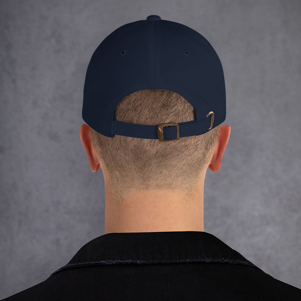 back of navy baseball cap with black russian coat of arms embroidered in center on the front