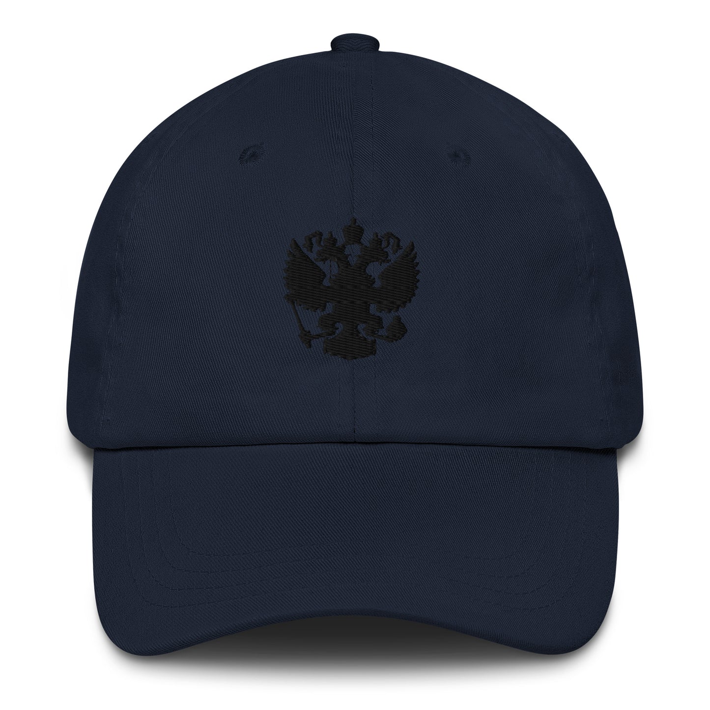 navy baseball cap with black russian coat of arms embroidered in center