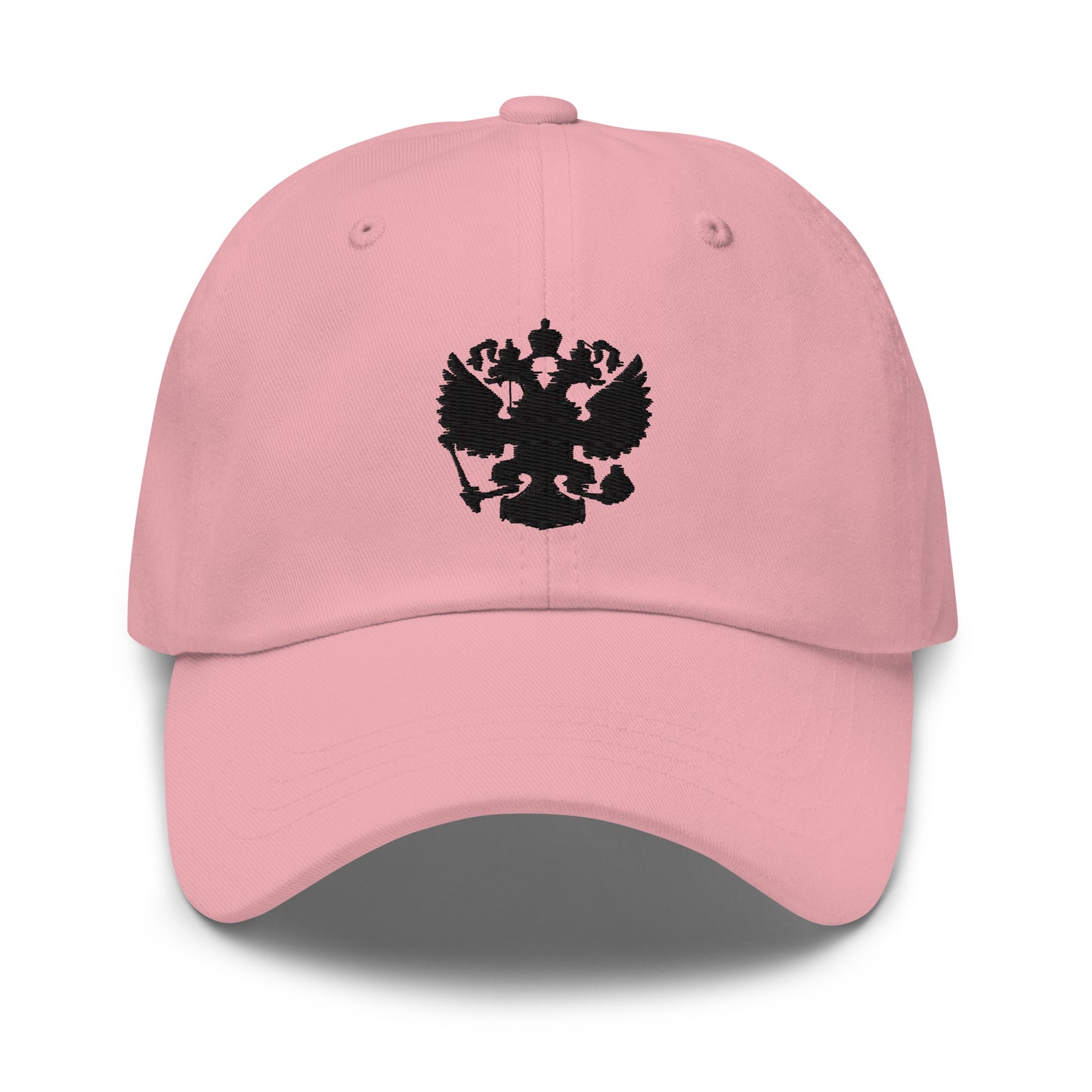 pink baseball cap with black russian coat of arms embroidered in center