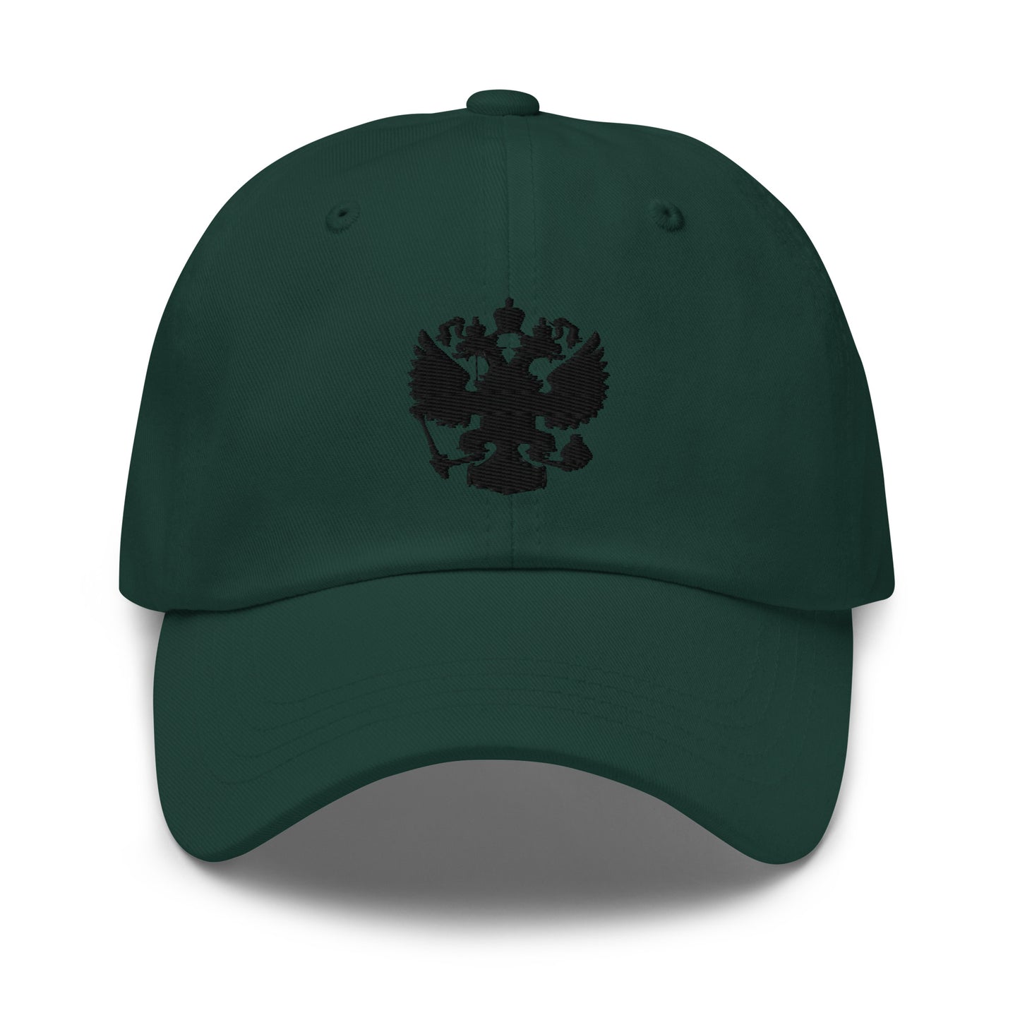 spruce green baseball cap with black russian coat of arms embroidered in center