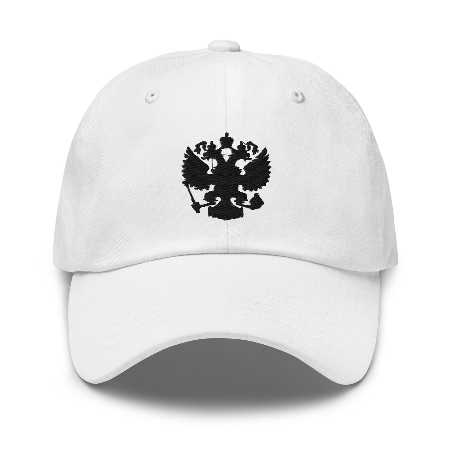 white baseball cap with black russian coat of arms embroidered in center