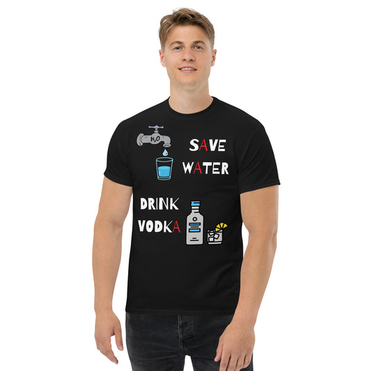 save water drink vodka black color t-shirt on a man