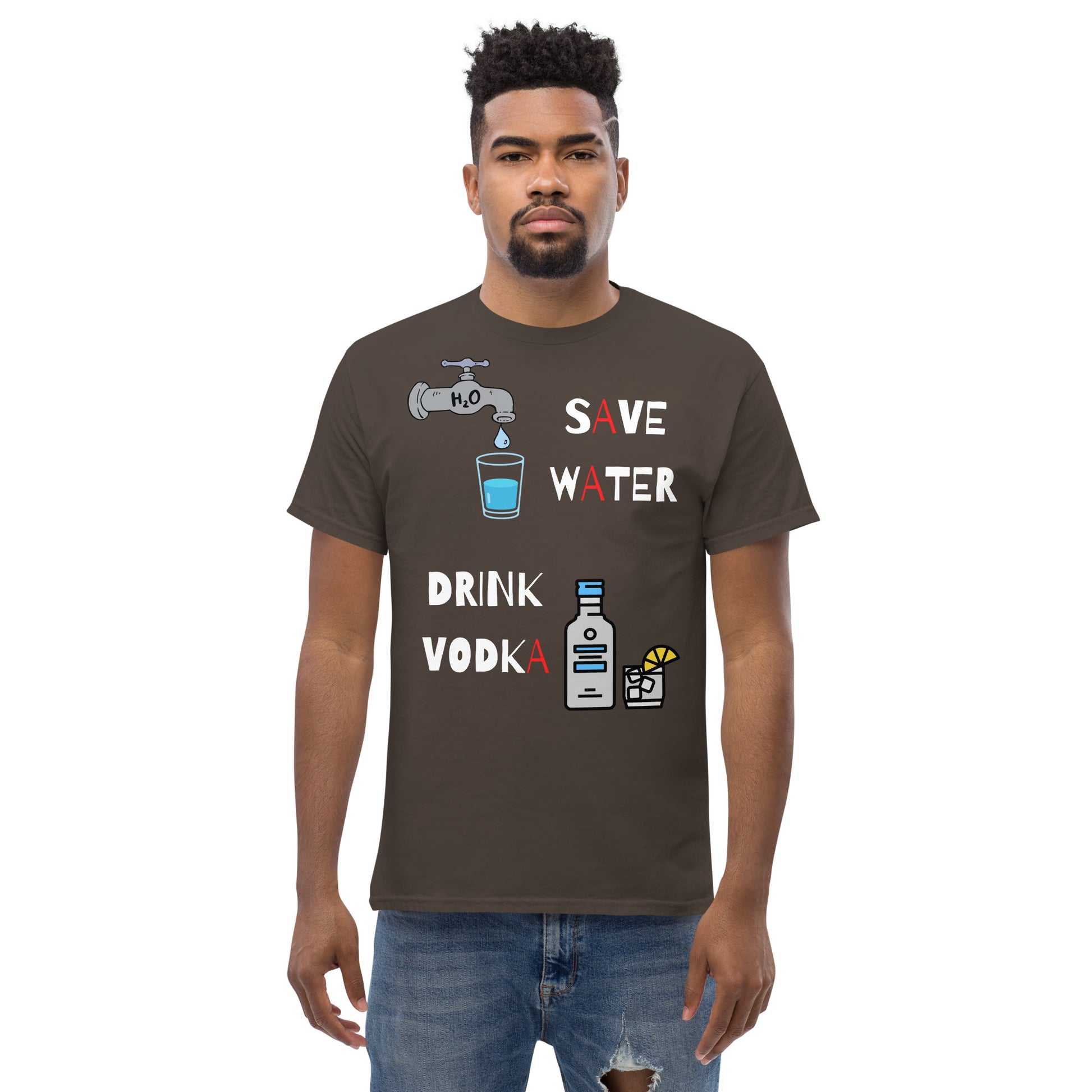 save water drink vodka dark chocolate brown color t-shirt on a man