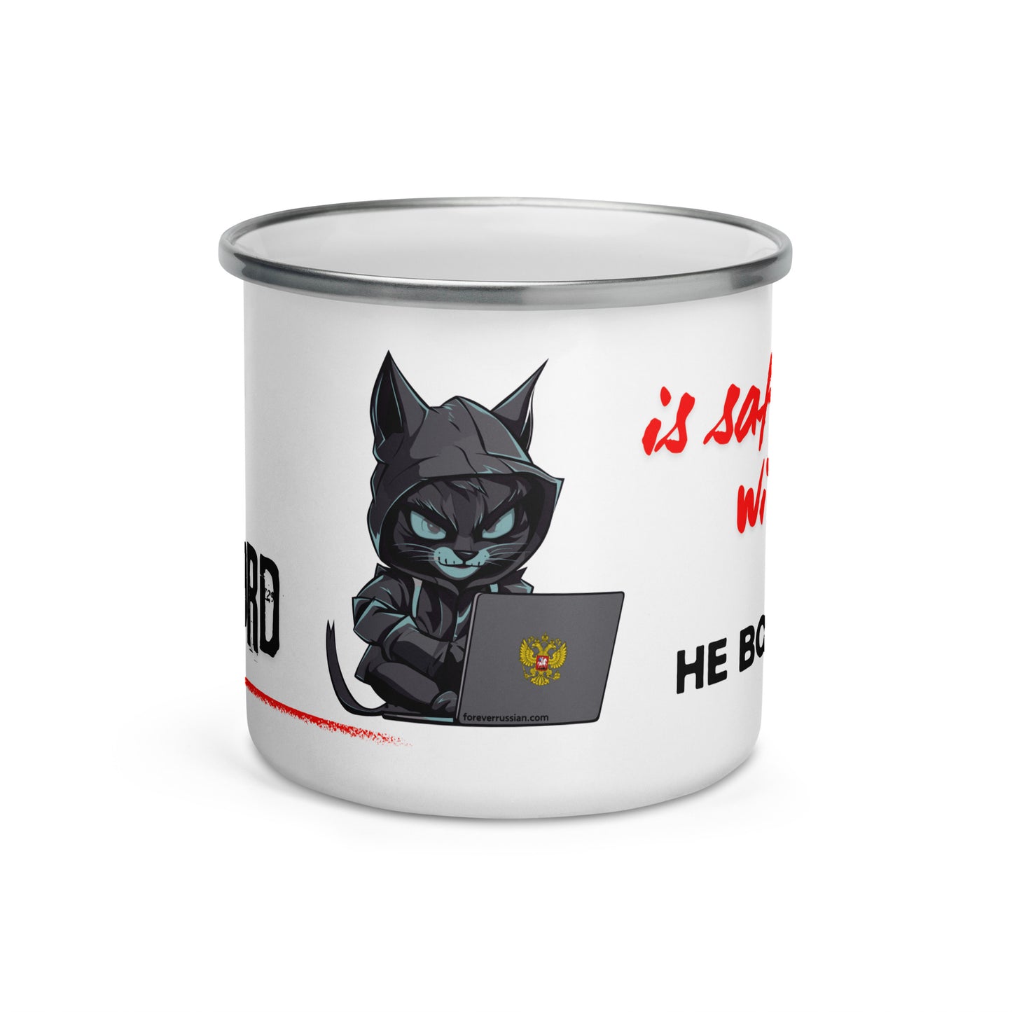 white enamel mug with caption your password is safe with me and a hacker cat in the center on a laptop