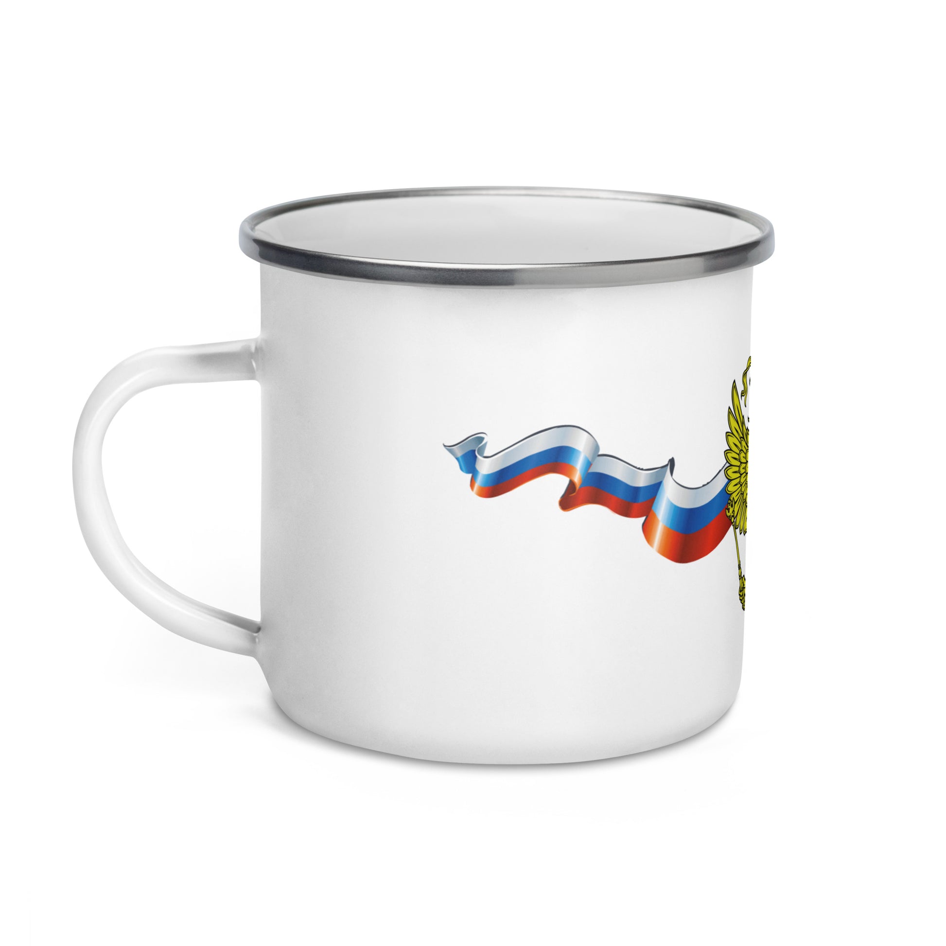 white enamel mug with russian crest coat of arms in center and russian flag ribbon waving on each side and forever russian written on bottom