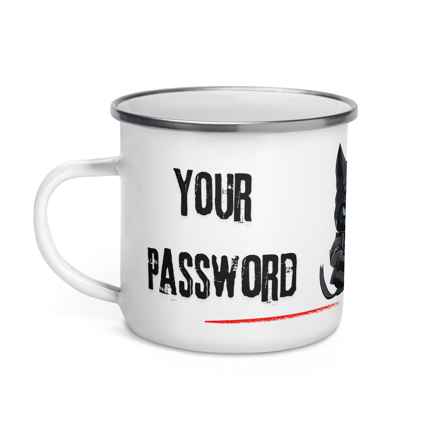 white enamel mug with caption your password is safe with me and a hacker cat in the center on a laptop