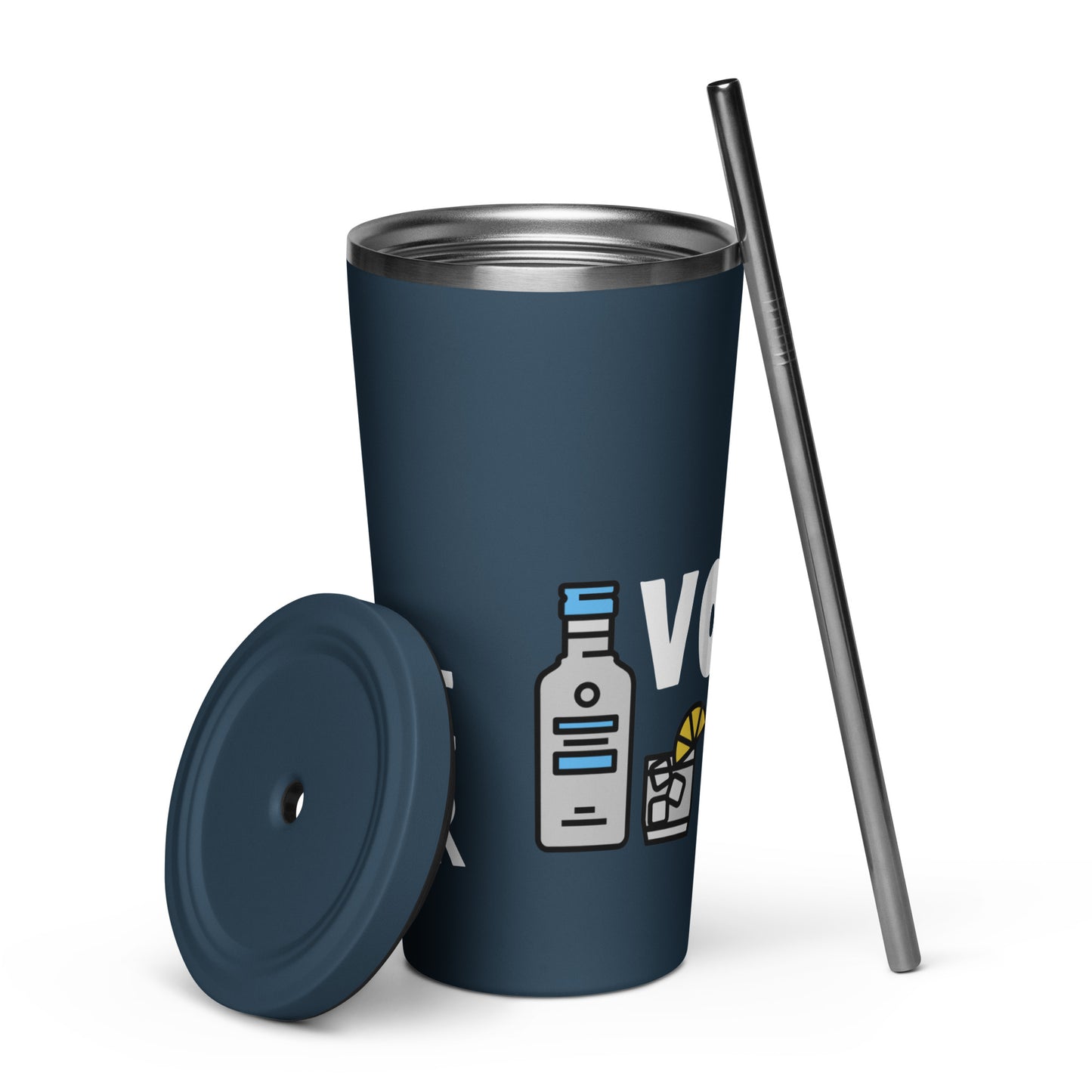 navy blue 20oz tumbler with a metal straw - save water drink vodka