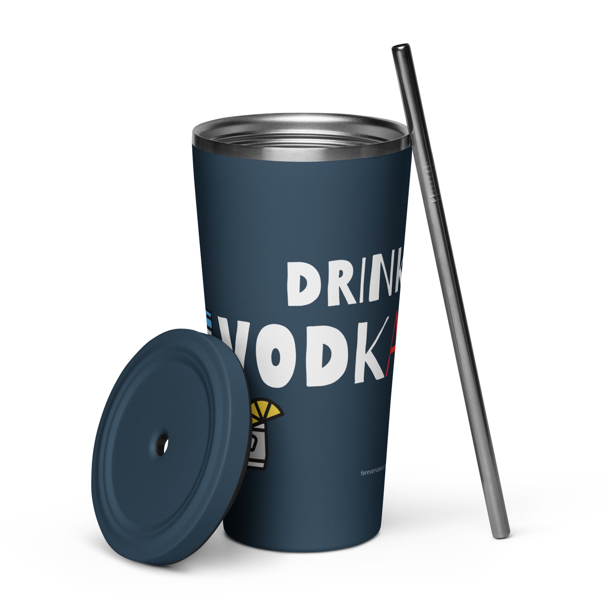 navy blue 20oz tumbler with a metal straw - save water drink vodka