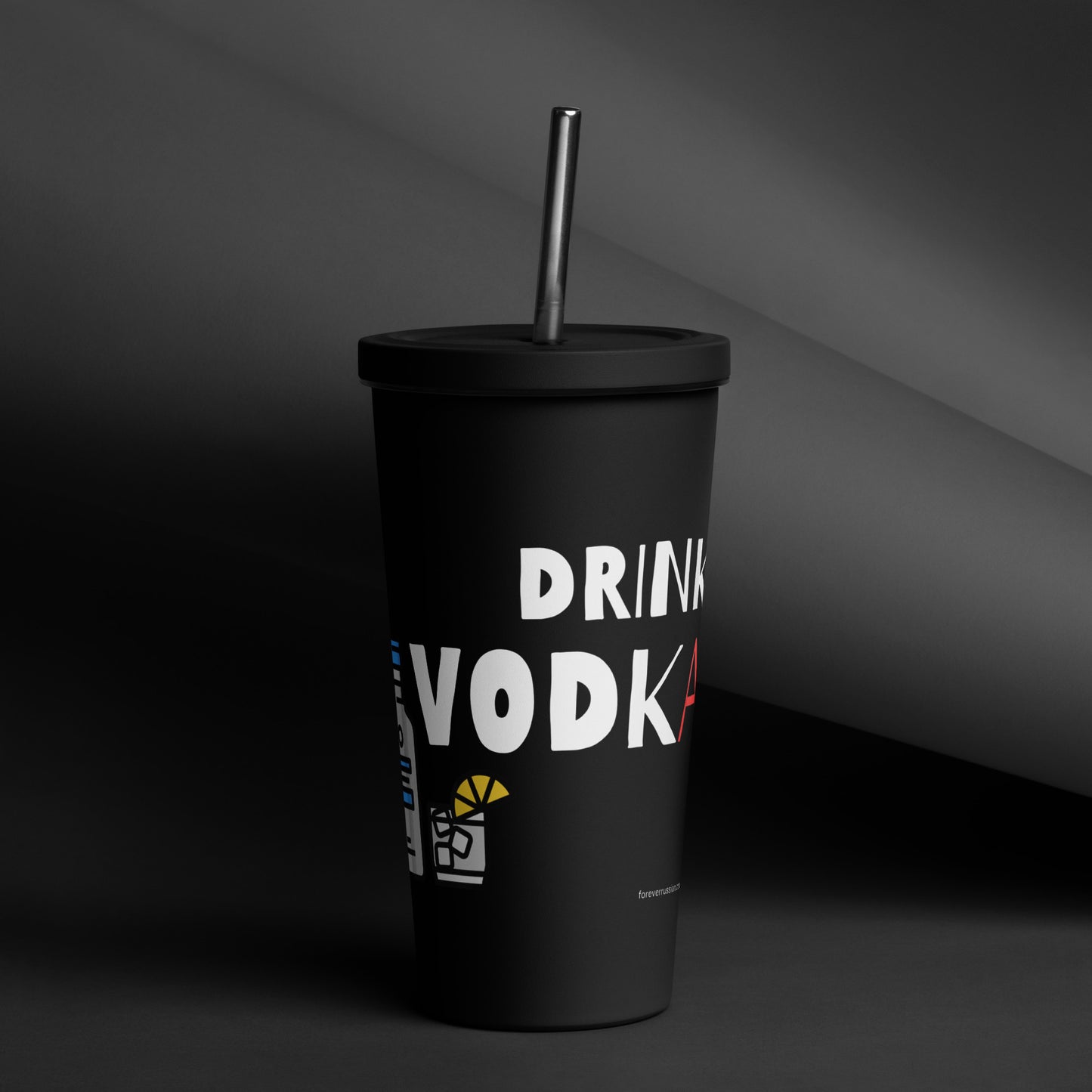 black 20oz tumbler with a metal straw - save water drink vodka