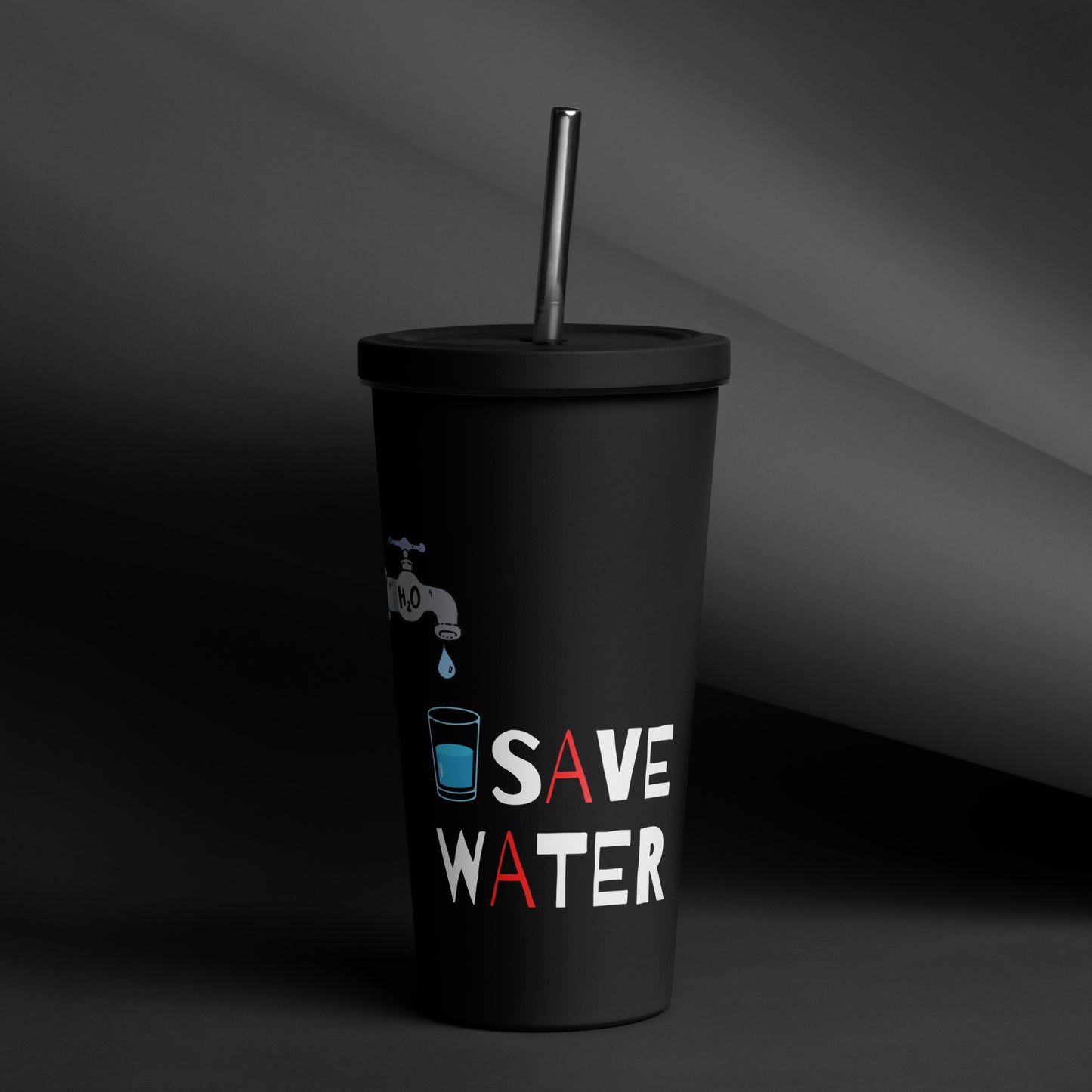 black 20oz tumbler with a metal straw - save water drink vodka