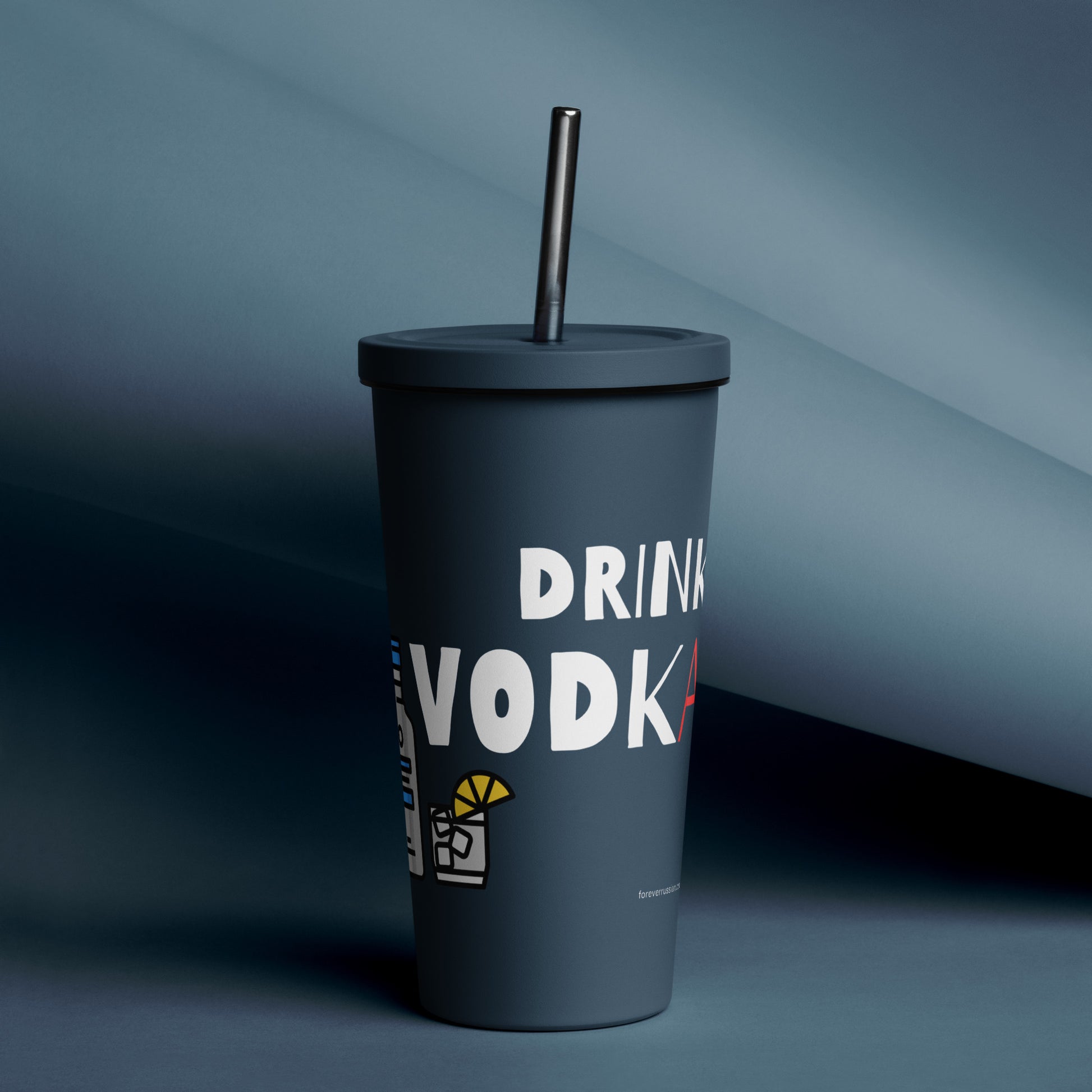 navy blue 20oz tumbler with a metal straw - save water drink vodka