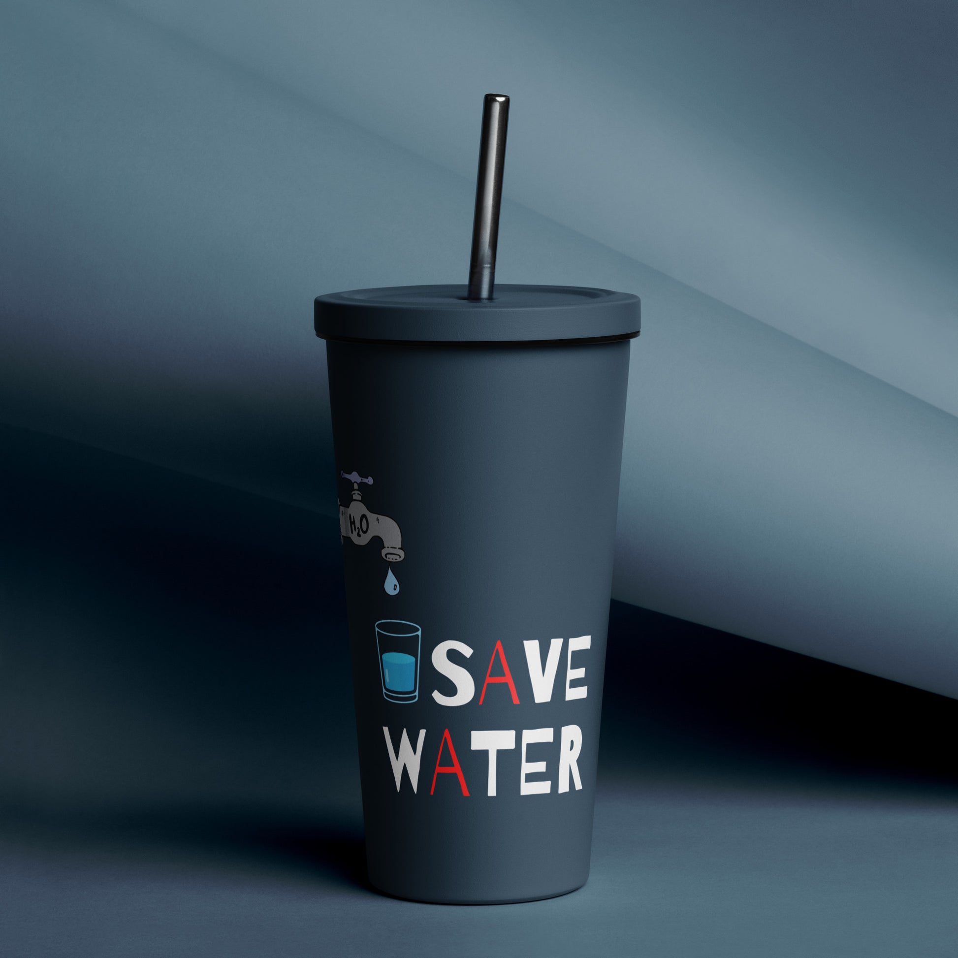 navy blue 20oz tumbler with a metal straw - save water drink vodka