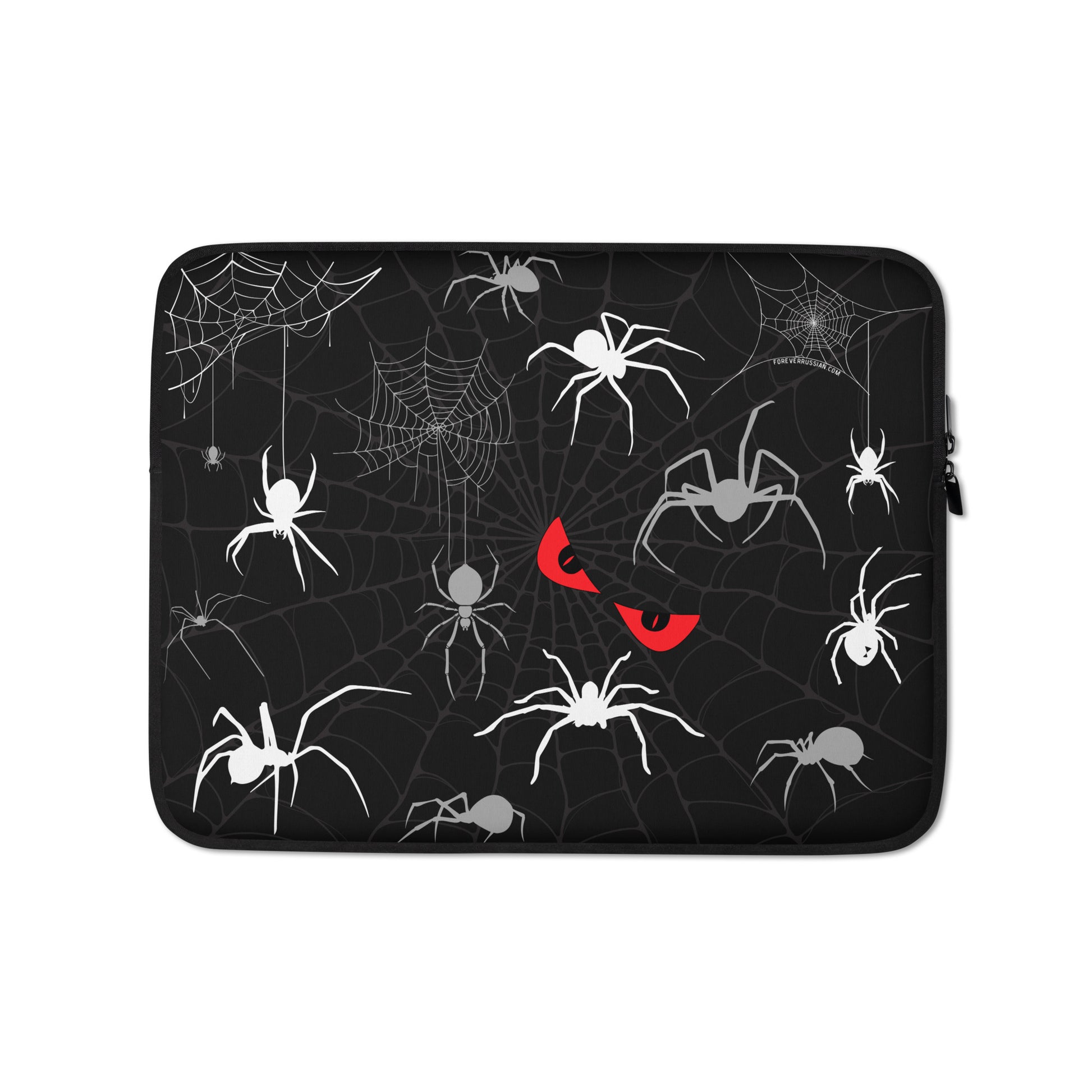 13 inch laptop sleeve with spiders, spider webs, and creepy red eyes. Perfect for Halloween.